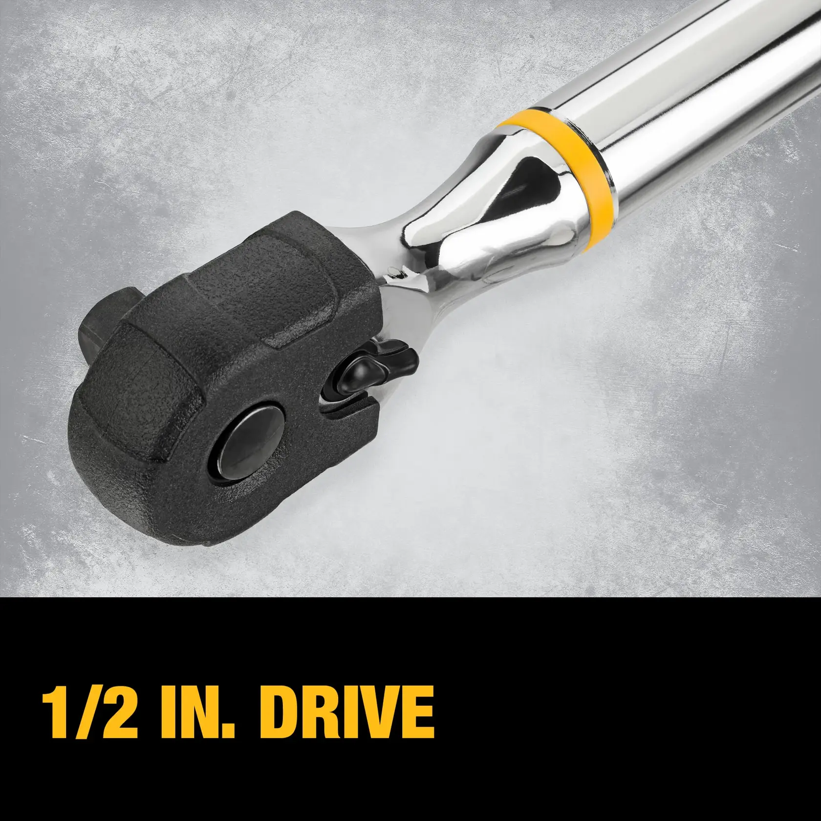 Close-up image of a DEWALT 1/2 inch drive ratchet tool with a textured black head and chrome handle, against a gray background with '1/2 IN. DRIVE' in bold yellow text on a black section.