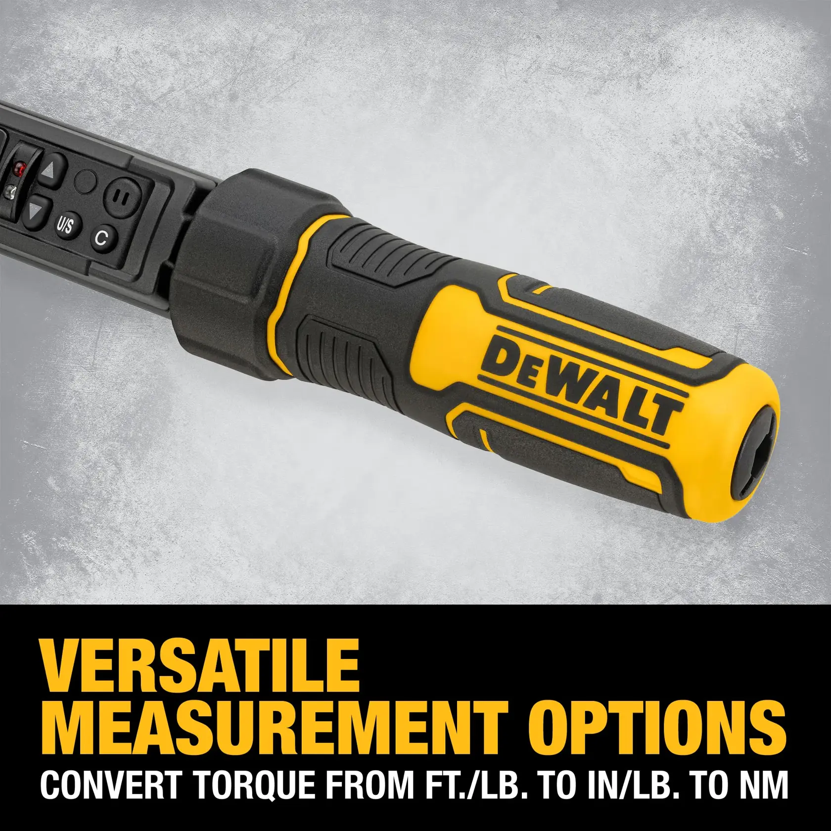 Close-up of a DEWALT torque wrench handle with black and yellow design, displaying versatile measurement options for converting torque from ft./lb. to in./lb. to Nm.