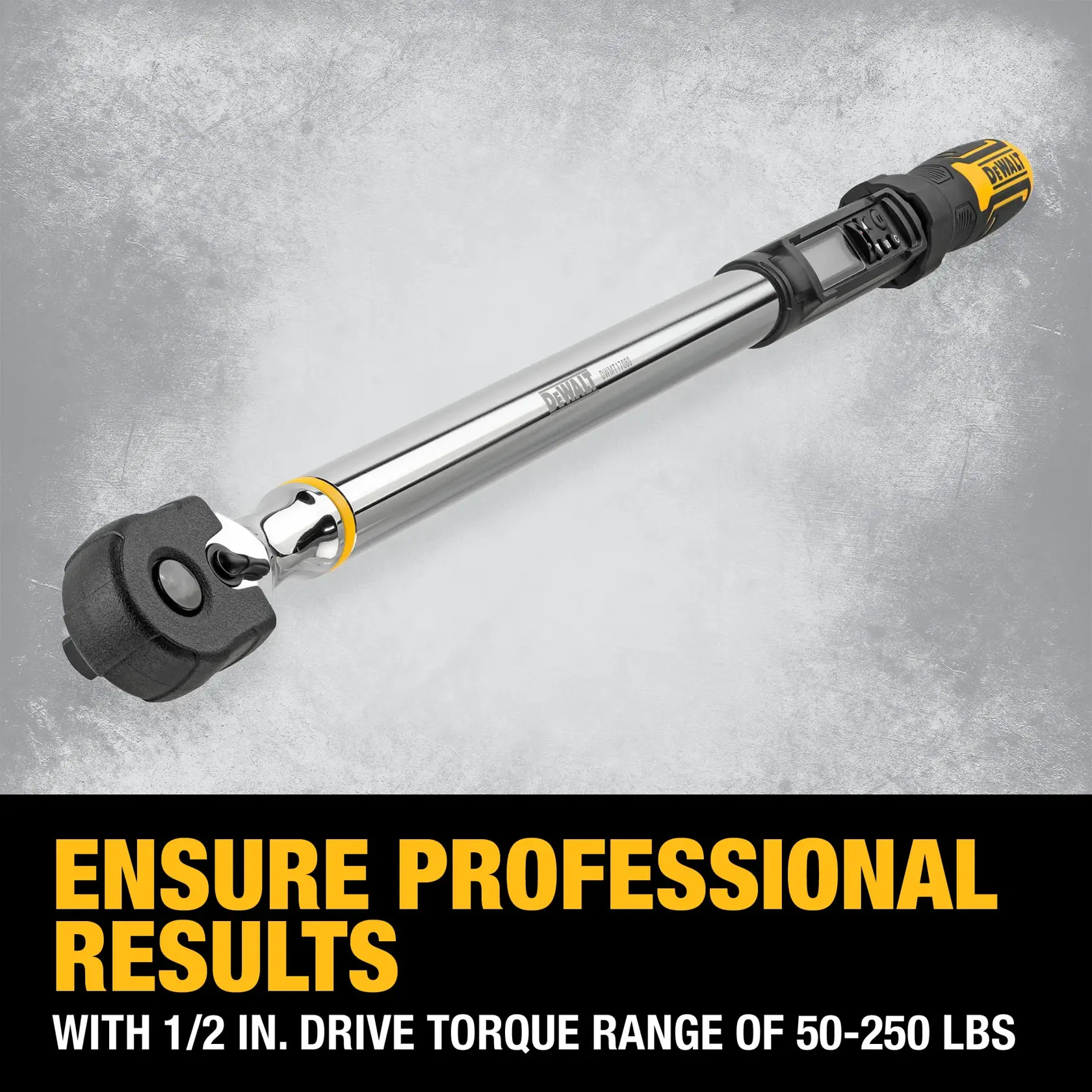 DEWALT 1/2 inch drive torque wrench, shown with a metal body and black and yellow handle, suitable for torque range of 50-250 lbs. The product is displayed against a gray background with text promoting professional results.