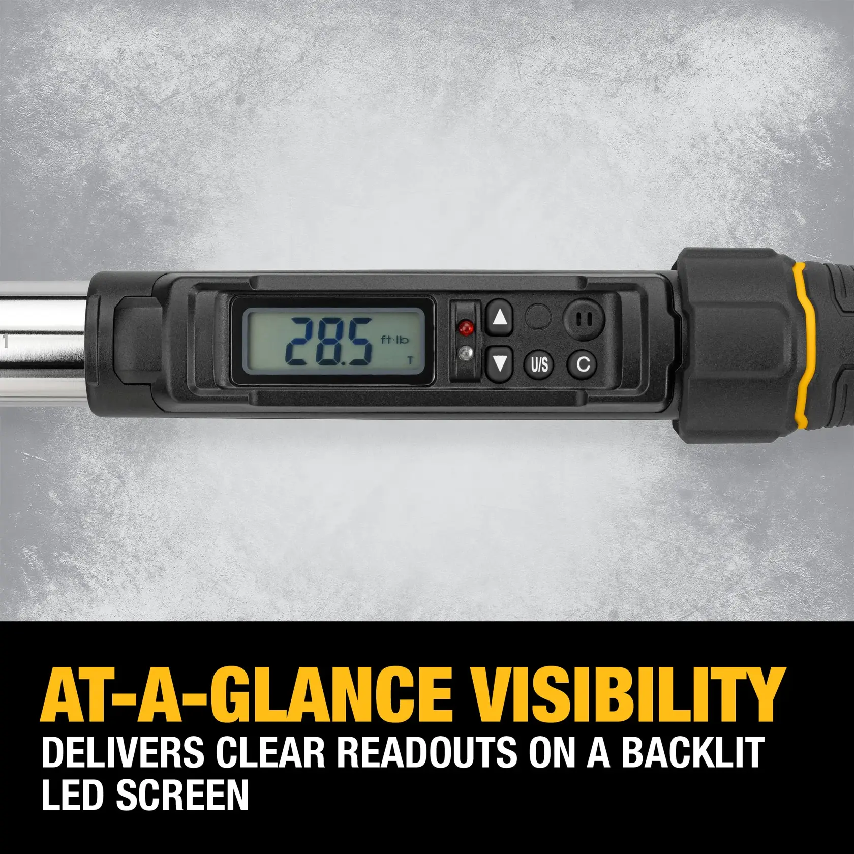 Close-up of a DEWALT digital torque wrench displaying a reading of 28.5 ft-lb on its backlit LED screen. Black and yellow handle is partially visible. Text below highlights at-a-glance visibility and clear readouts on the LED screen.