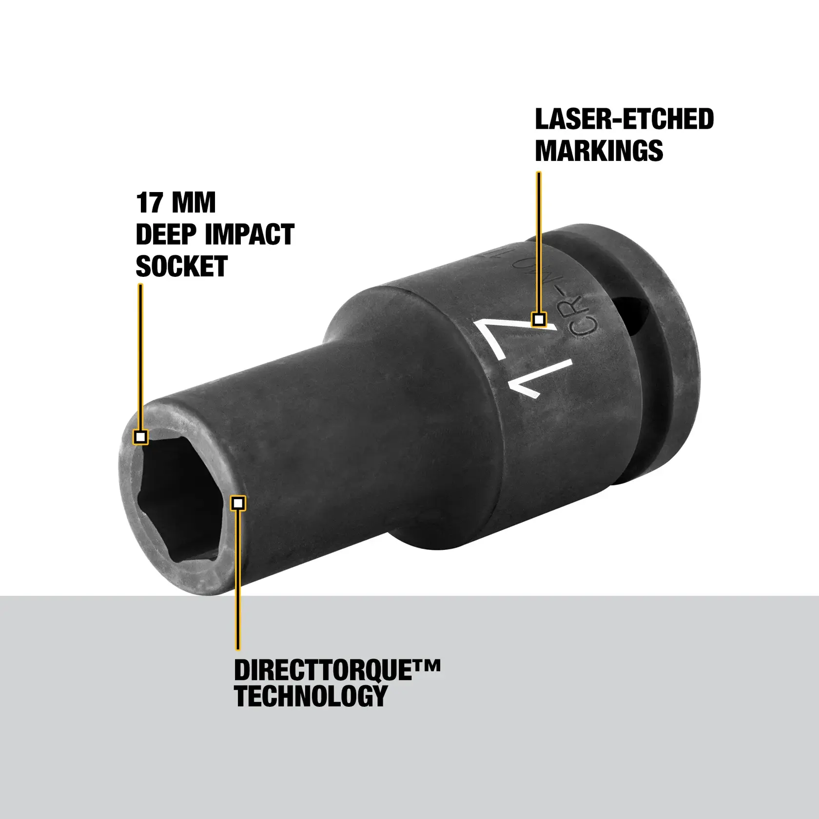 A DEWALT DWMT19045 17 mm deep impact socket featuring laser-etched markings and DirectTorque technology. The image highlights the socket’s key features with labeled pointers.