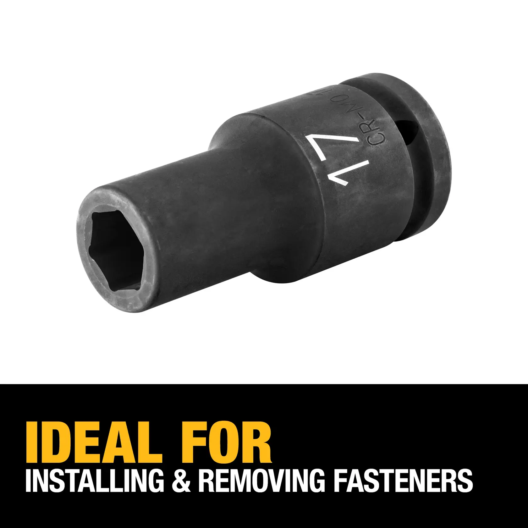 A DEWALT deep impact socket with a hexagonal opening, shown above text stating 'IDEAL FOR INSTALLING & REMOVING FASTENERS.'