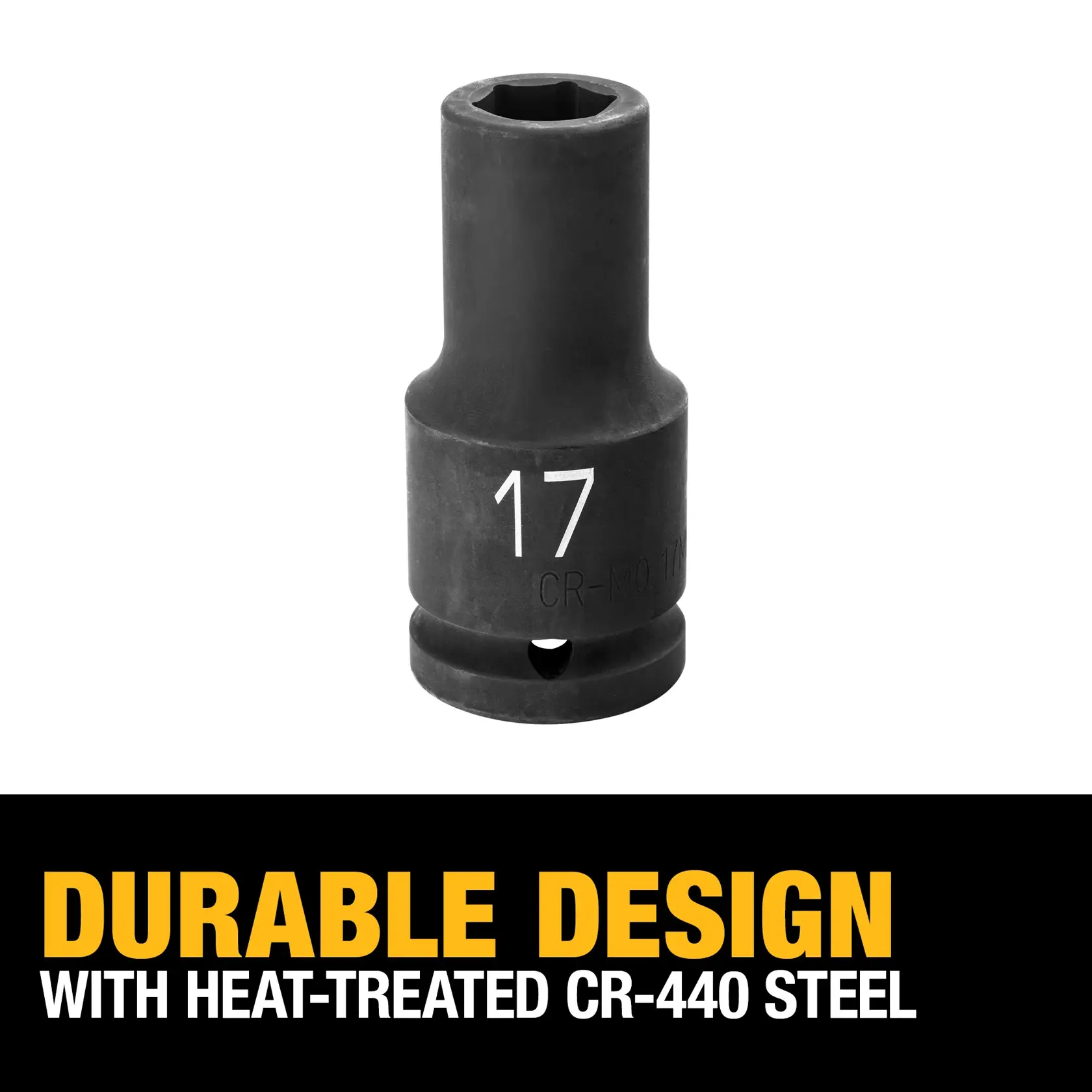 A DEWALT DWMT19045 17mm deep socket made of heat-treated CR-440 steel is shown. Text on the image reads: 'Durable design with heat-treated CR-440 steel.'