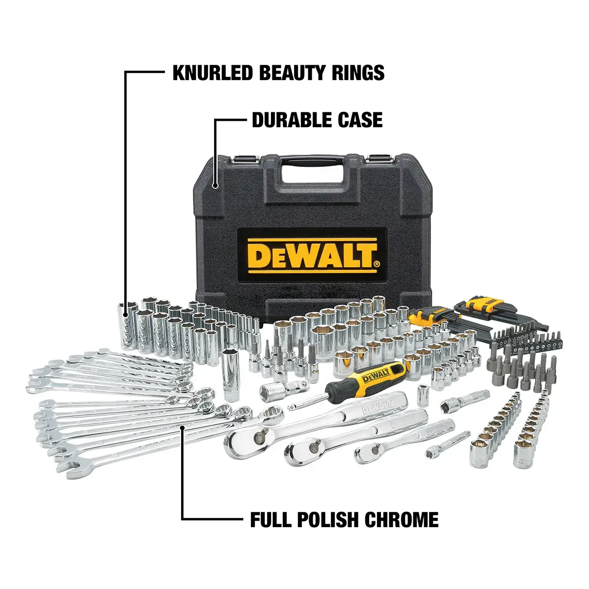 A DEWALT mechanic tool set with a variety of chrome hand tools including ratchets, sockets, combination wrenches, and bits displayed in front of a black and yellow DEWALT branded durable carrying case. Labeled features include knurled beauty rings, durable case, and full polish chrome finish.