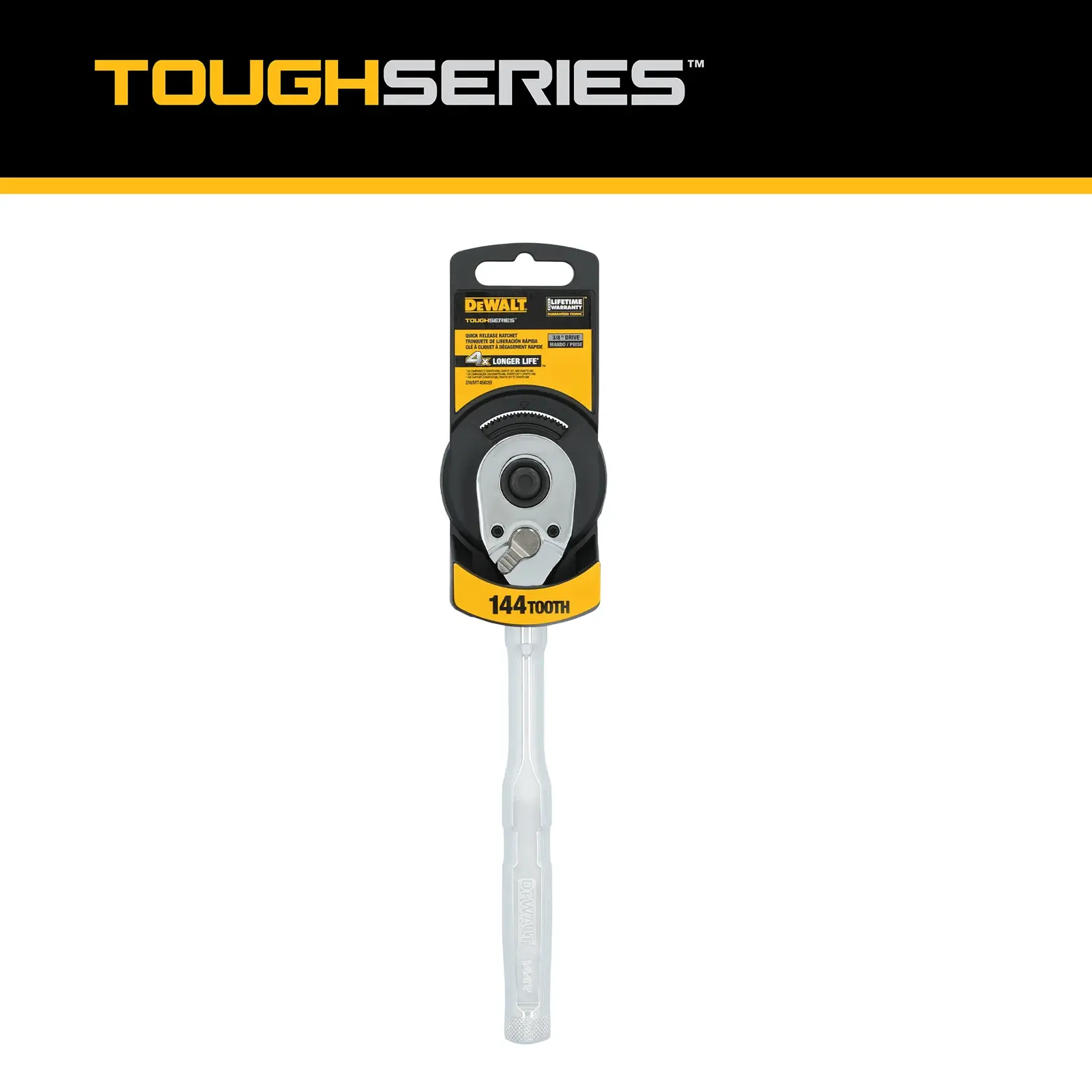 DEWALT TOUGHSERIES ratchet with 144 tooth mechanism shown in retail packaging, featuring a black and yellow label and metallic handle.
