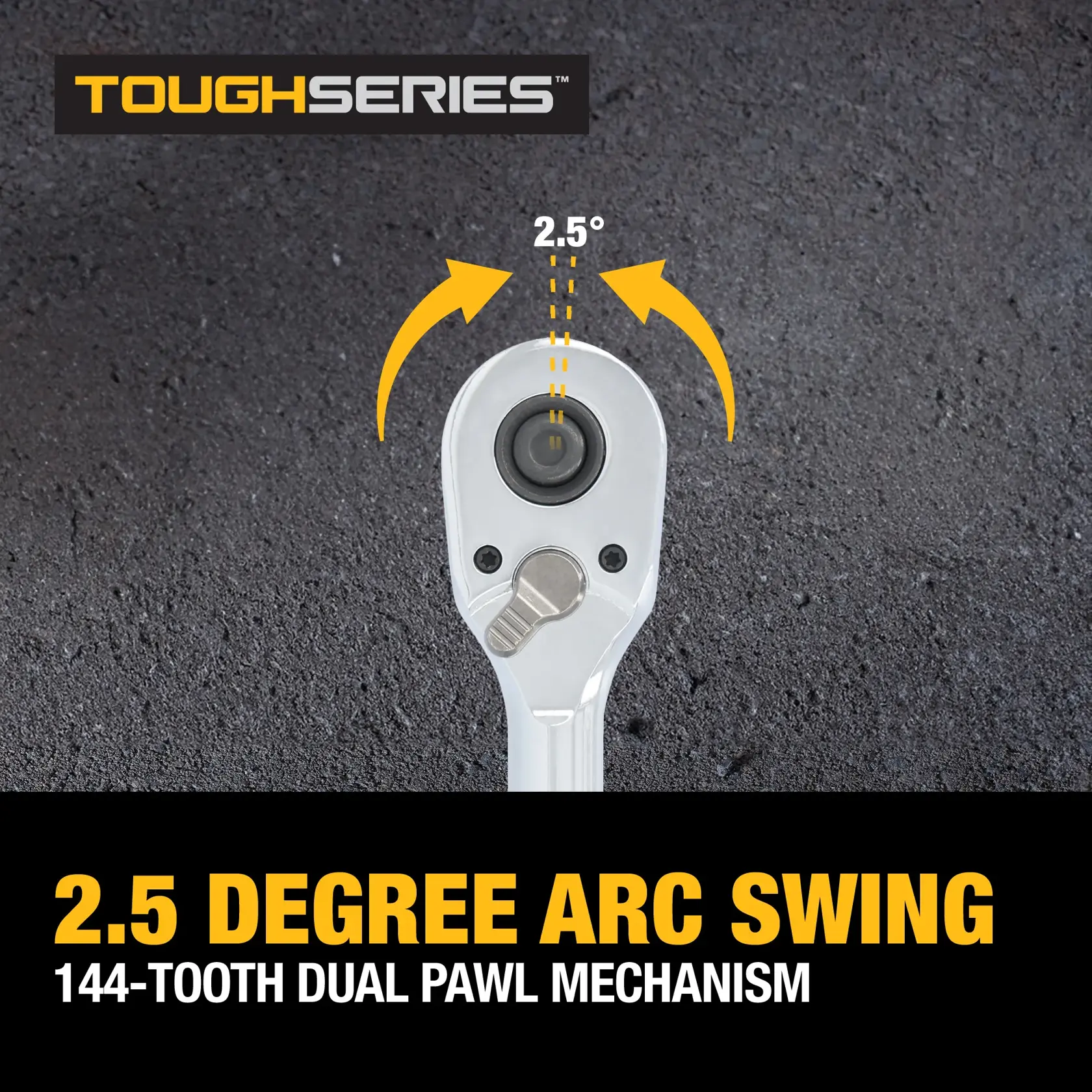 Image showing the head of a DEWALT ToughSeries ratchet with arrows indicating a 2.5 degree arc swing. The text highlights the 144-tooth dual pawl mechanism.