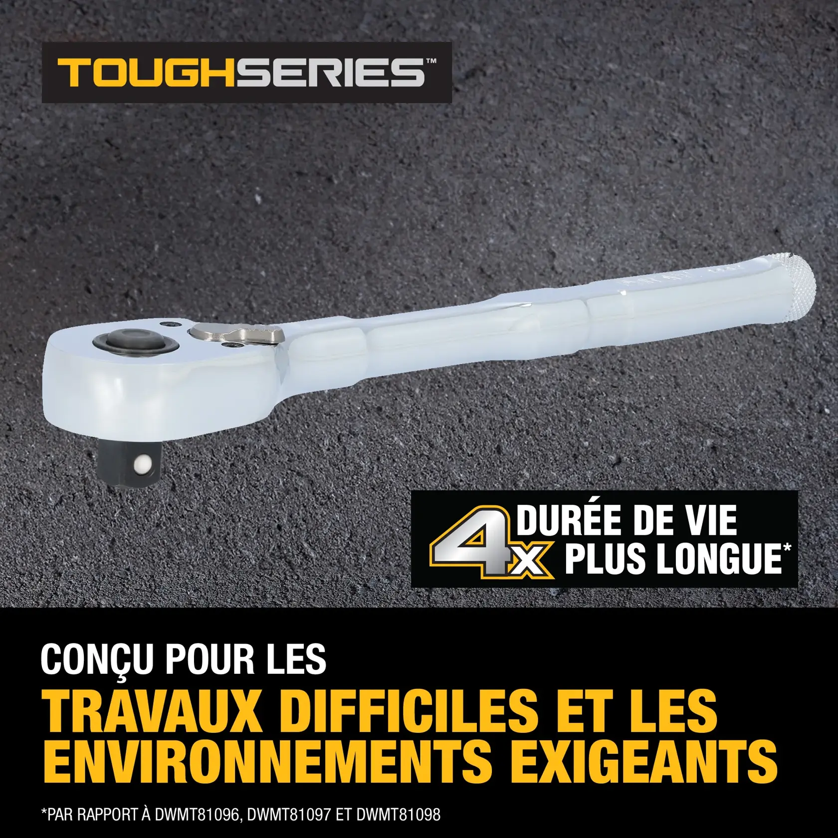 DEWALT ToughSeries ratchet tool with labeled features: one-handed operation, 2.5 degree arc swing, 4x longer life designed for tough jobs and harsh environments, and meets or exceeds ANSI/ASME standards. The tool is shown against a white background with black and yellow text highlighting its specifications.