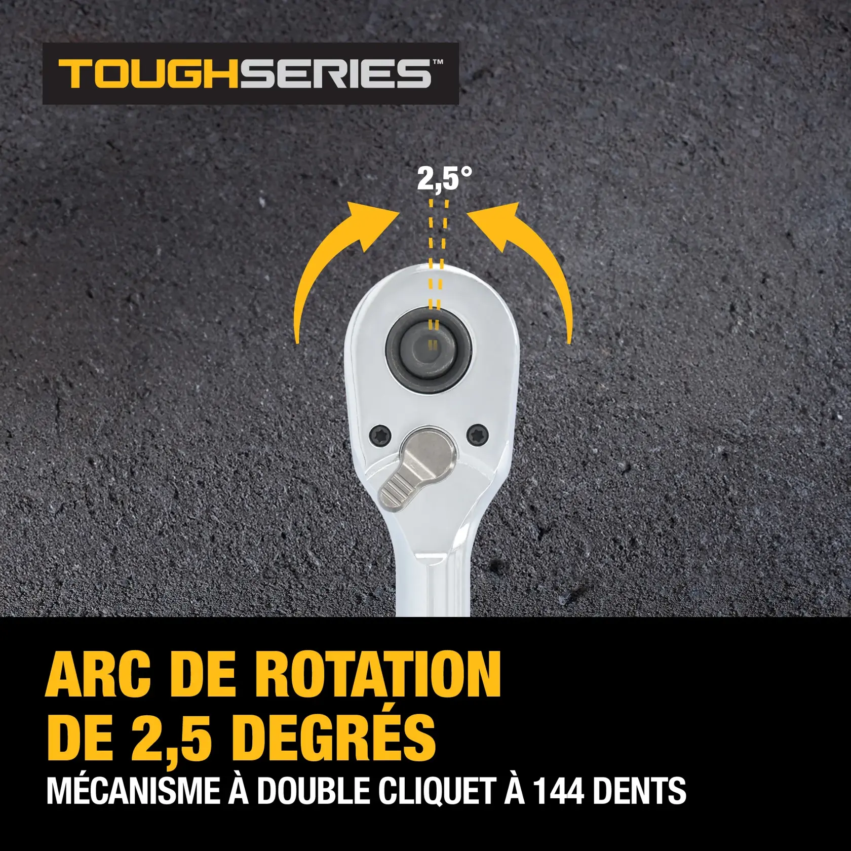 A DEWALT ToughSeries ratchet tool is displayed against a textured dark surface background. Promotional text highlights its durability, claiming 4x longer life and suitability for tough jobs and harsh environments.