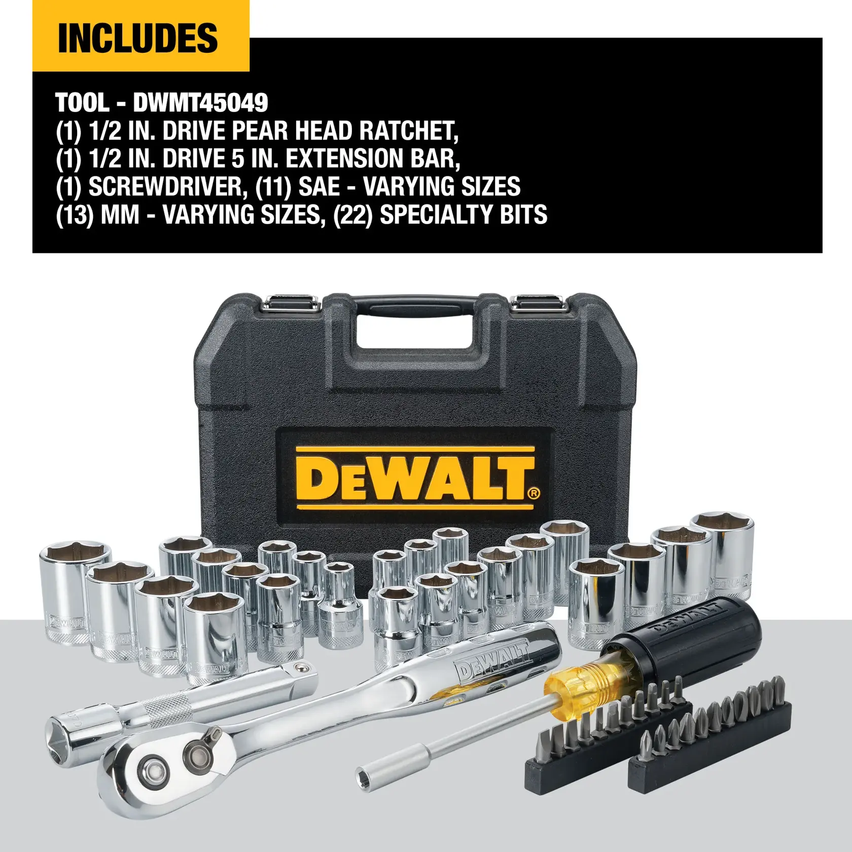 DEWALT tool set model DWMT45049 with a black carrying case and yellow DEWALT logo. The set includes a variety of chrome sockets in different sizes, a ratchet, an extension bar, a screwdriver, and specialty bits displayed in front of the case.