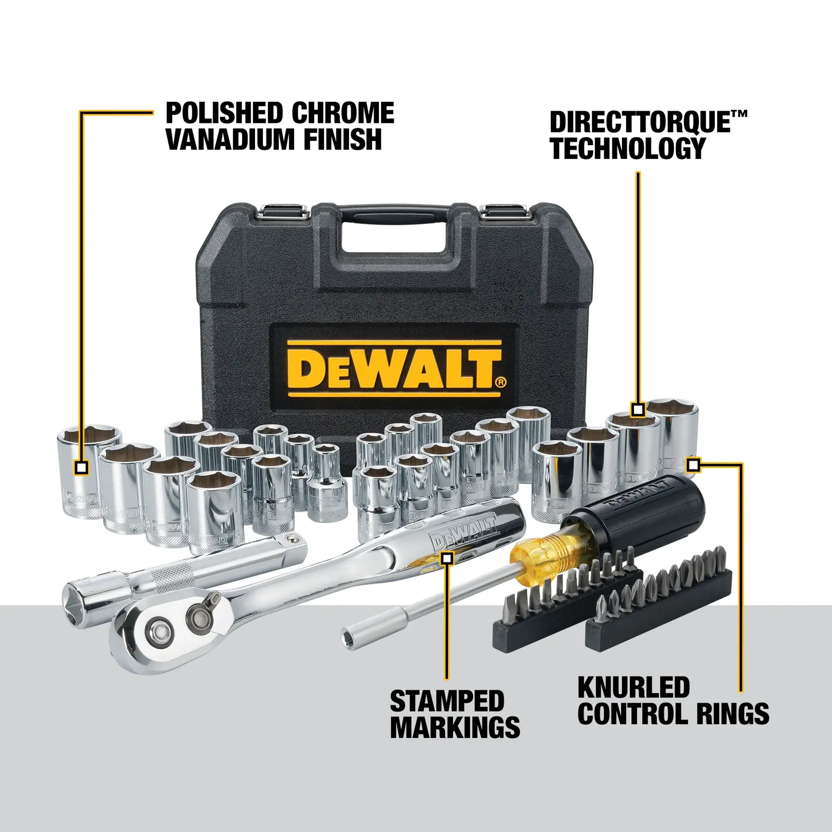 A DEWALT branded tool set with a black carrying case and multiple chrome vanadium sockets. The set includes a ratchet, screwdriver with knurled control rings, extension bar, and various bits. Key features shown are polished chrome vanadium finish, DirectTorque technology, stamped markings, and knurled control rings.