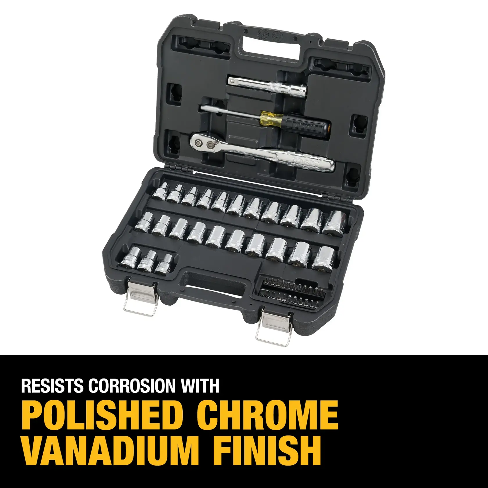 A DEWALT tool set in a black hard case, open to show various polished chrome socket wrenches, screwdriver, and accessories. The text highlights: 'Resists corrosion with polished chrome vanadium finish.'