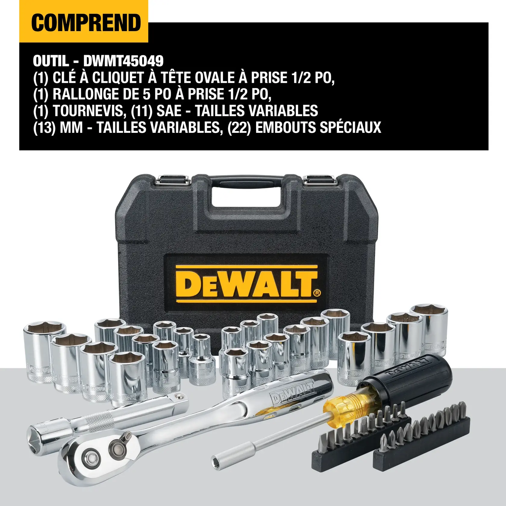 DEWALT tool set model DWMT45049 with a black carrying case and yellow DEWALT logo. The set includes a variety of chrome sockets in different sizes, a ratchet, an extension bar, a screwdriver, and specialty bits displayed in front of the case.