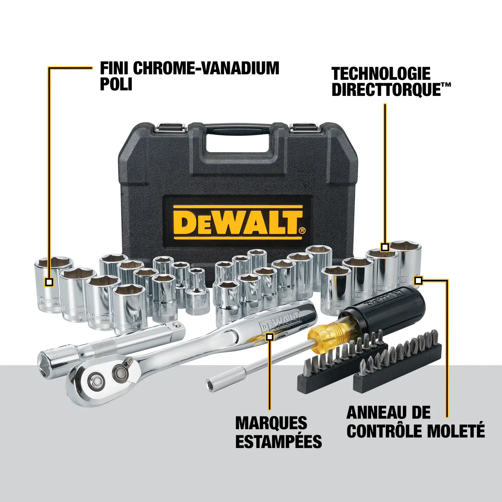 A DEWALT branded tool set with a black carrying case and multiple chrome vanadium sockets. The set includes a ratchet, screwdriver with knurled control rings, extension bar, and various bits. Key features shown are polished chrome vanadium finish, DirectTorque technology, stamped markings, and knurled control rings.