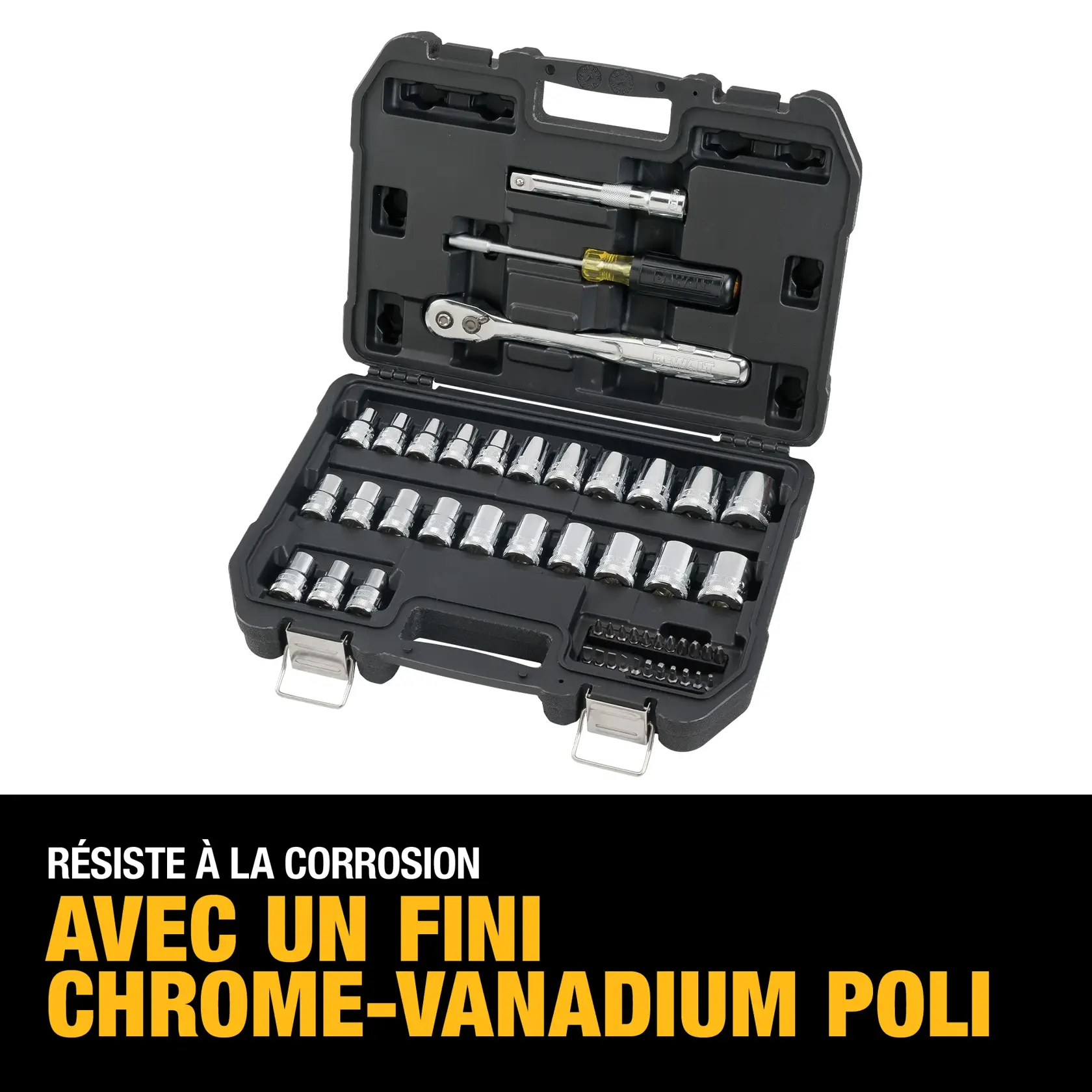 A DEWALT tool set in a black hard case, open to show various polished chrome socket wrenches, screwdriver, and accessories. The text highlights: 'Resists corrosion with polished chrome vanadium finish.'