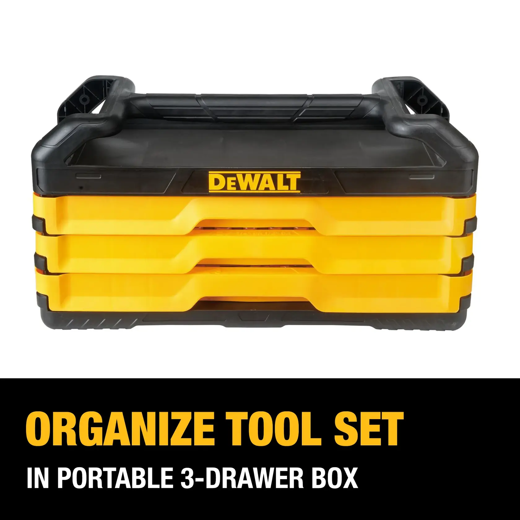 DEWALT portable 3-drawer tool box for organizing tool sets, shown in yellow and black.