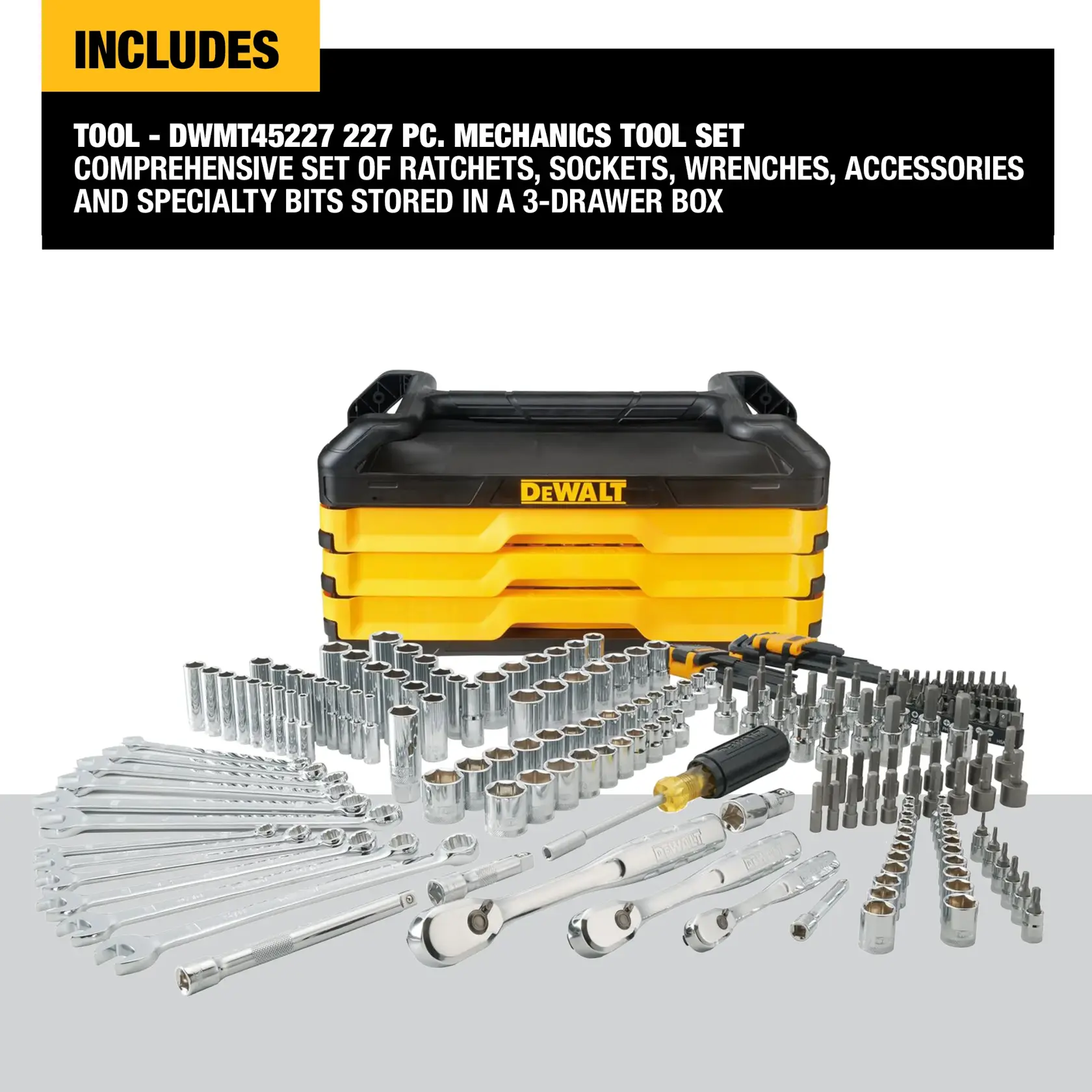 A DEWALT branded 3-drawer toolbox containing a 227-piece mechanics tool set, including an assortment of ratchets, sockets, wrenches, accessory pieces, and specialty bits, all displayed in front of the box.