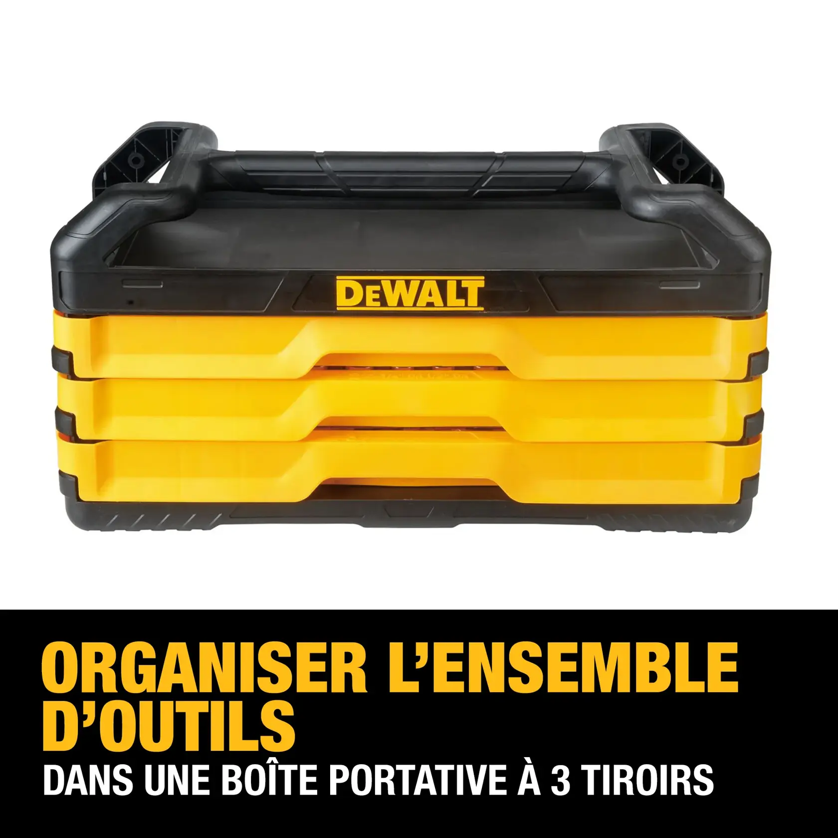 DEWALT portable 3-drawer tool box for organizing tool sets, shown in yellow and black.