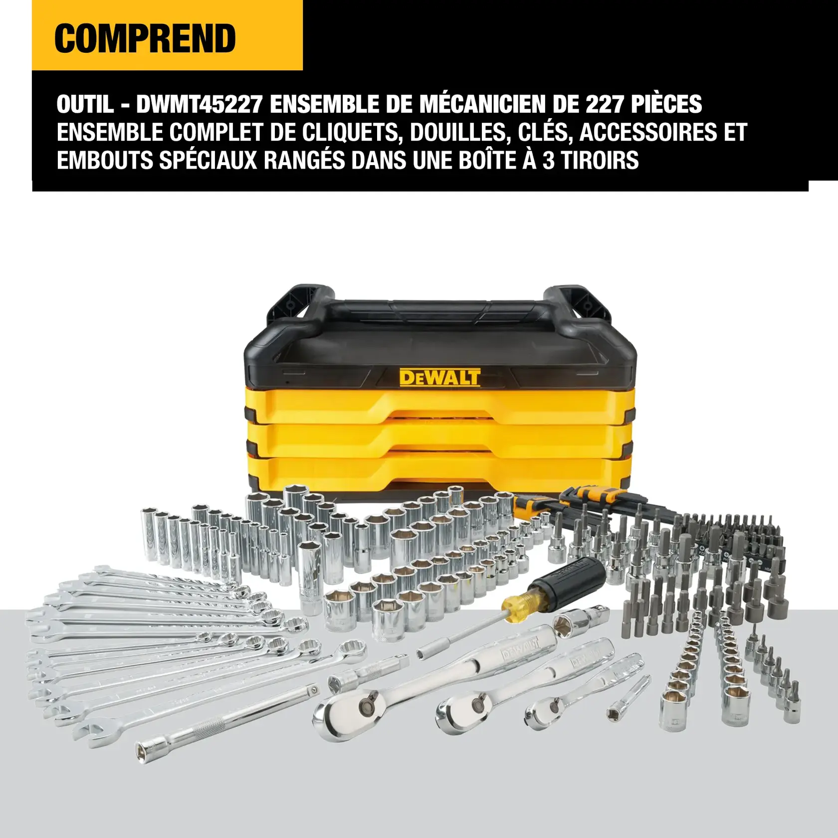 A DEWALT branded 3-drawer toolbox containing a 227-piece mechanics tool set, including an assortment of ratchets, sockets, wrenches, accessory pieces, and specialty bits, all displayed in front of the box.