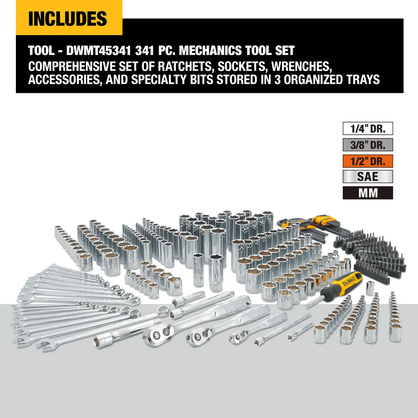 DEWALT DWMT45341 341-piece mechanics tool set displayed with ratchets, sockets, wrenches, accessories, and specialty bits arranged in organized trays. Chart shows size categories: 1/4", 3/8", 1/2" drive, SAE and Metric options.