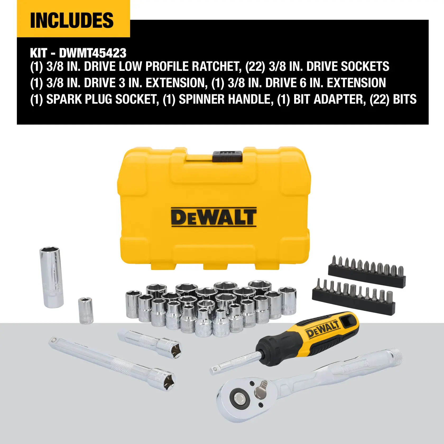 DEWALT DWMT45423 socket and ratchet set with yellow hard case. The set includes a low profile ratchet, drive sockets, extensions, a spark plug socket, spinner handle, bit adapter, and bits. All components are displayed with the yellow DEWALT branded case in the background.