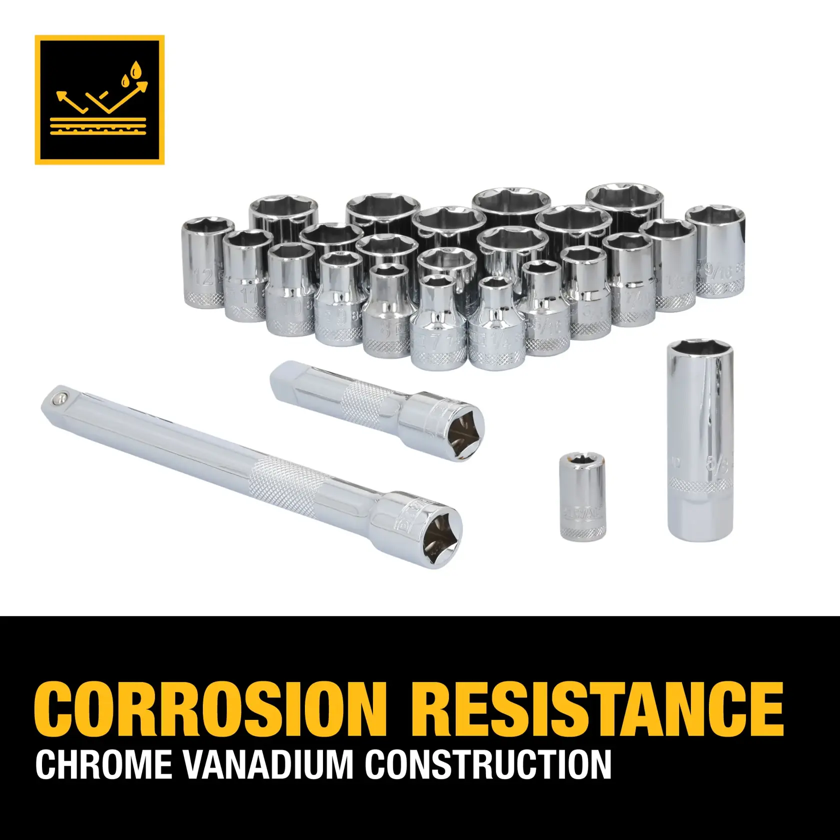 A set of chrome vanadium DEWALT sockets and extensions is displayed, highlighting their corrosion resistance. The background includes a yellow graphic symbolizing protection from corrosion and text reading 'Corrosion Resistance Chrome Vanadium Construction.'