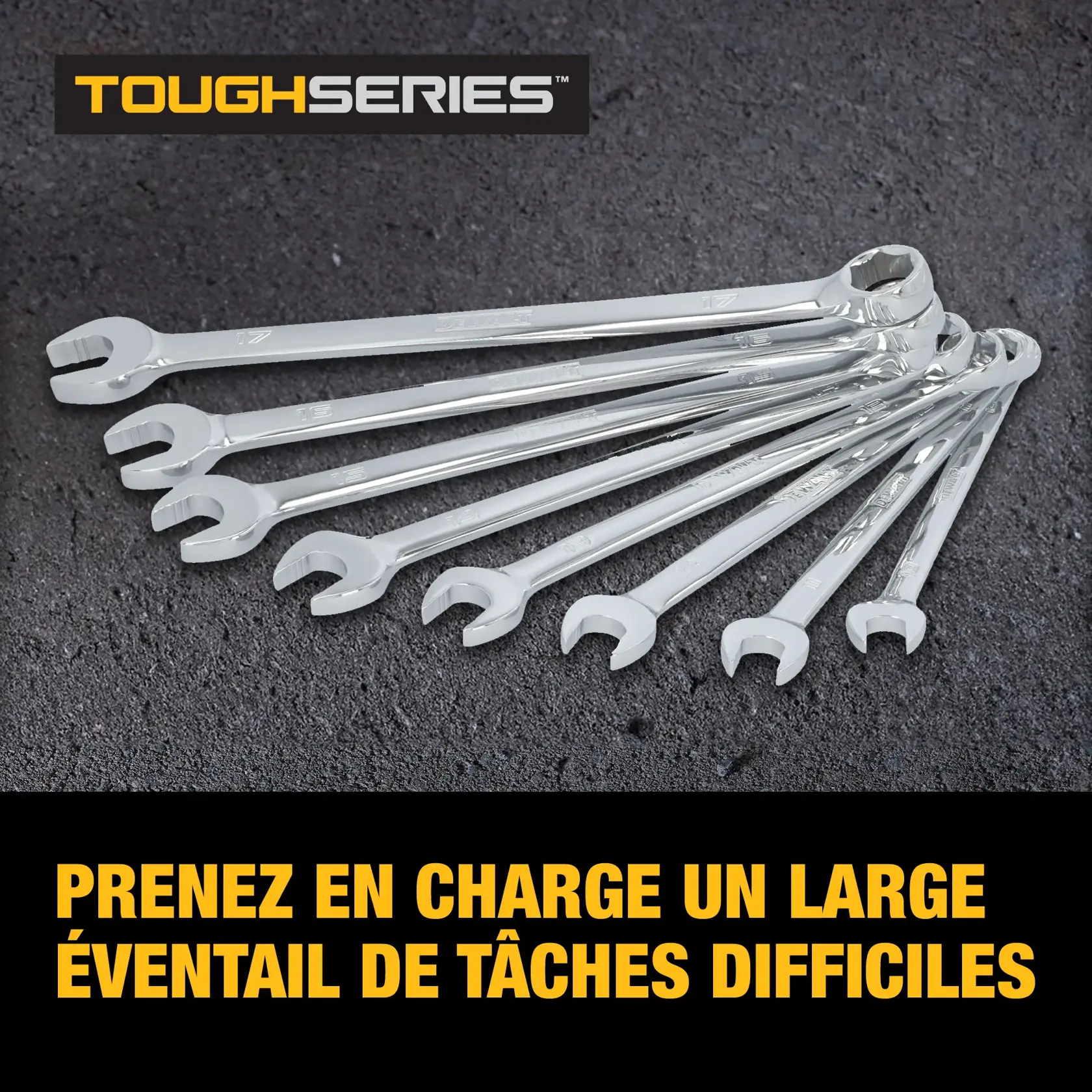 Image showing eight DEWALT ToughSeries combination wrenches arranged in a row. Features highlighted include high-visibility markings, meeting or exceeding ANSI/ASME standards, professional-grade durability, and maximizing reach and leverage.