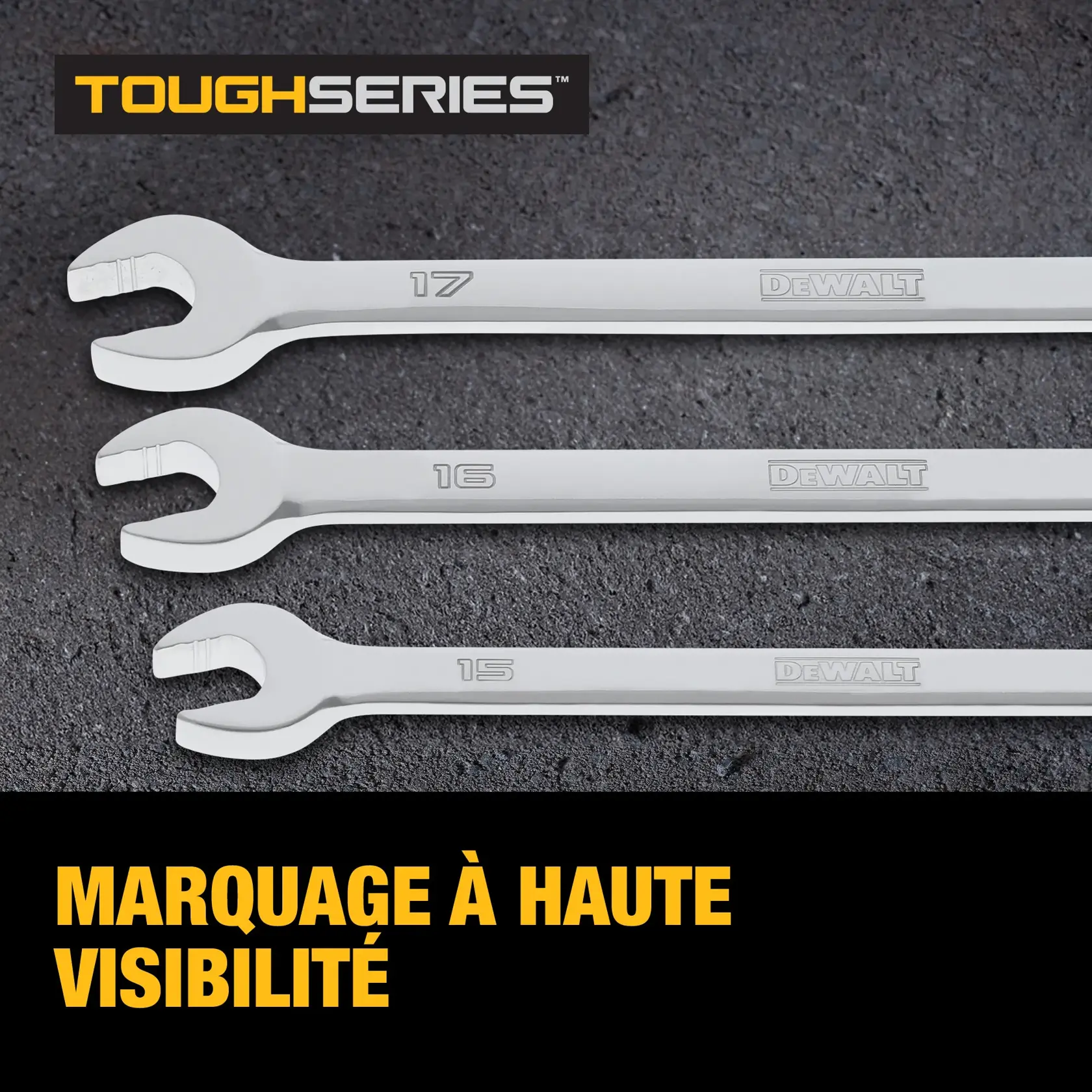 A set of shiny silver combination wrenches from the DEWALT ToughSeries, arranged in a fan shape on a textured dark surface. Bold yellow text below reads, 'Take on a wide range of tough demands.'