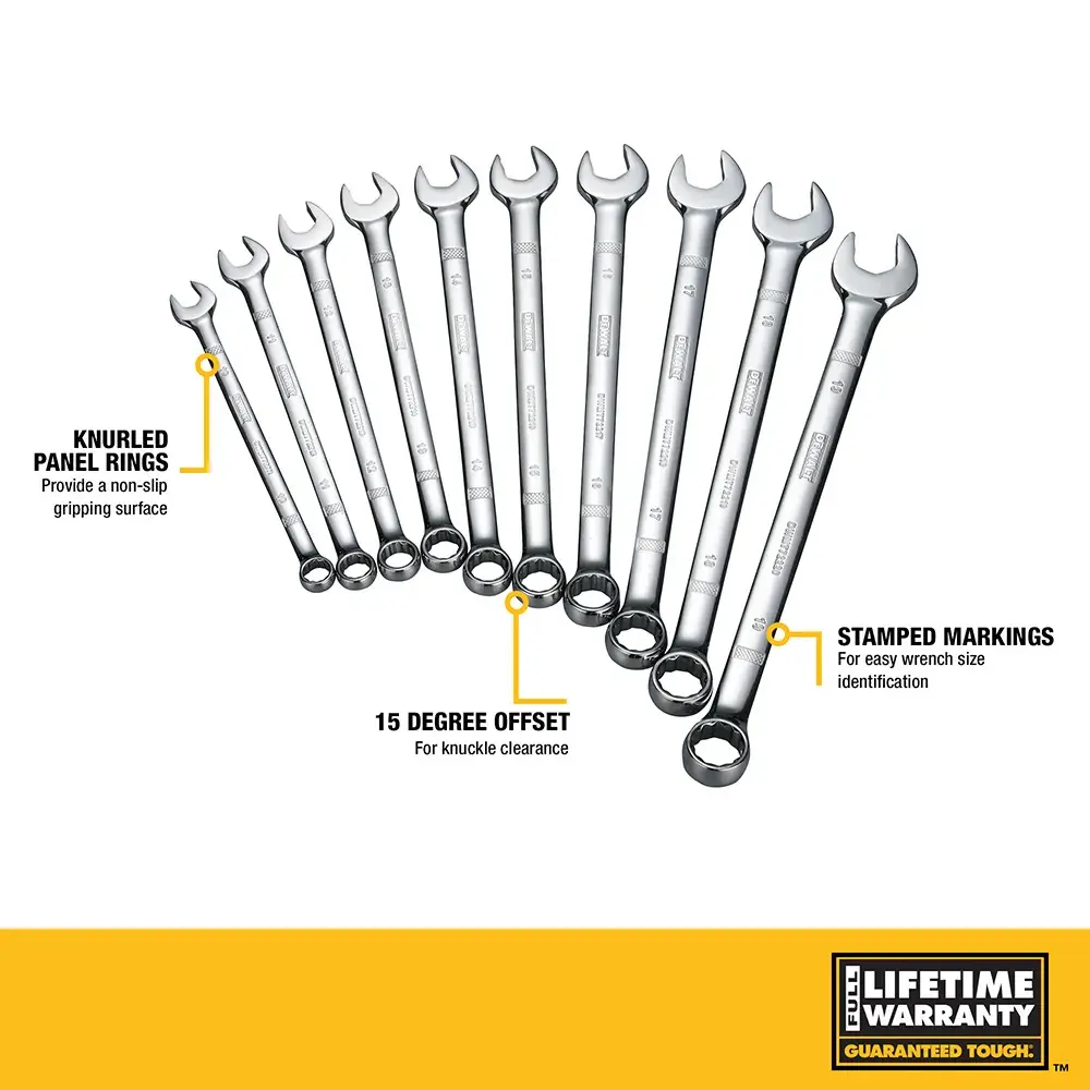 A set of DEWALT combination wrenches is arranged in a fan shape. Key features highlighted include knurled panel rings for a non-slip gripping surface, a 15 degree offset for knuckle clearance, and stamped markings for easy wrench size identification. The bottom right shows a yellow box with the text 'LIFETIME WARRANTY GUARANTEED TOUGH.'