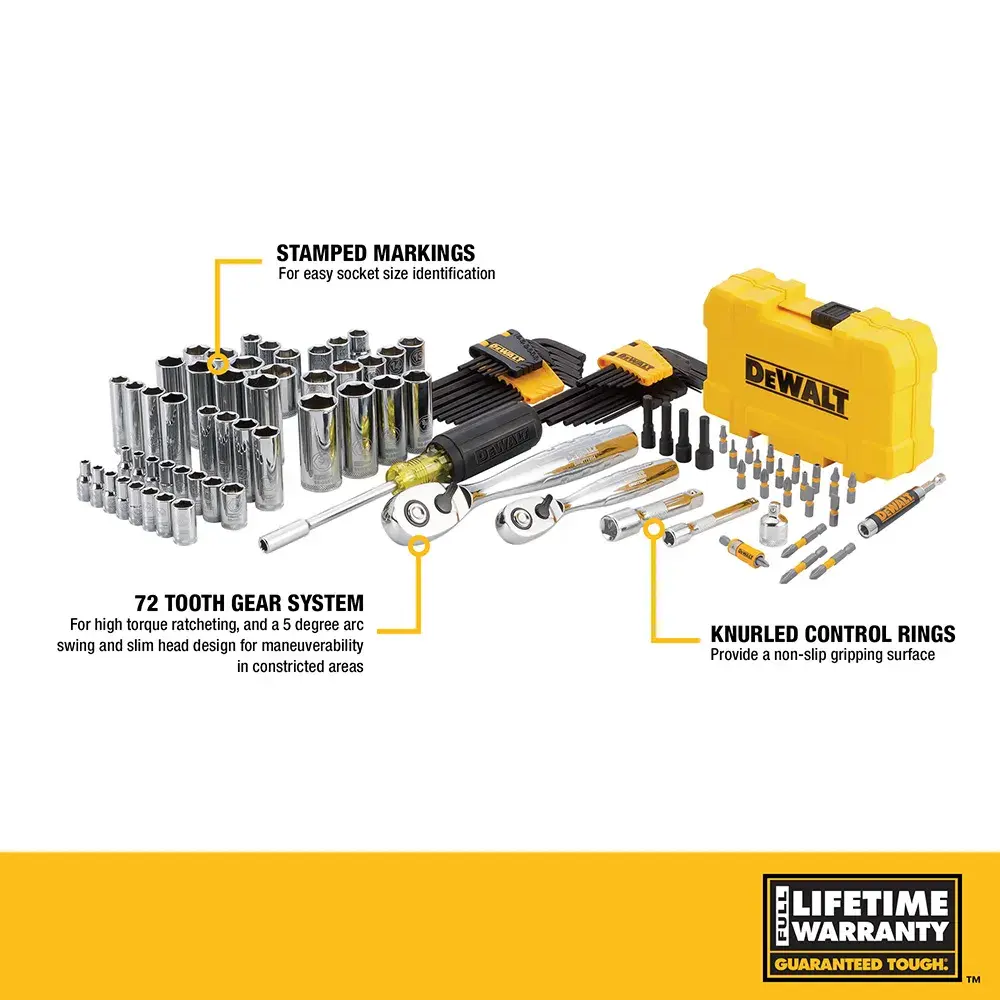 A DEWALT DWMT73801 socket and tool set displayed with a yellow hard case. The set includes sockets, ratchets, extension bars, and bits. Highlighted features are stamped markings for easy identification, a 72 tooth gear system for maneuverability, and knurled control rings for a non-slip grip. Lifetime warranty is mentioned at the bottom.