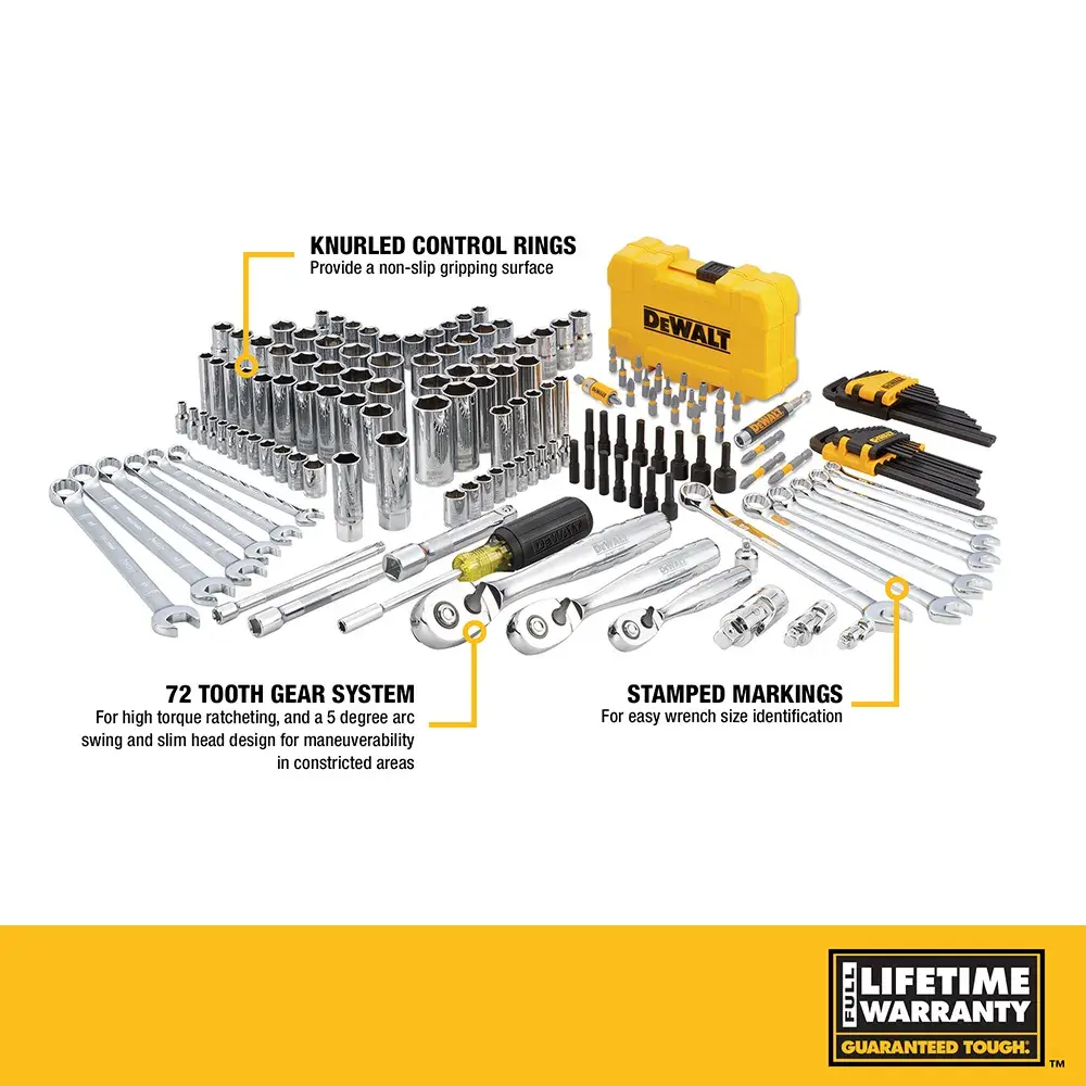 DEWALT mechanic tool set displayed with various wrenches, sockets, screwdrivers, hex keys and a yellow DEWALT carrying case. Key features highlighted include knurled control rings, 72 tooth gear system, and stamped markings. The image also shows a 'Lifetime Warranty' badge.