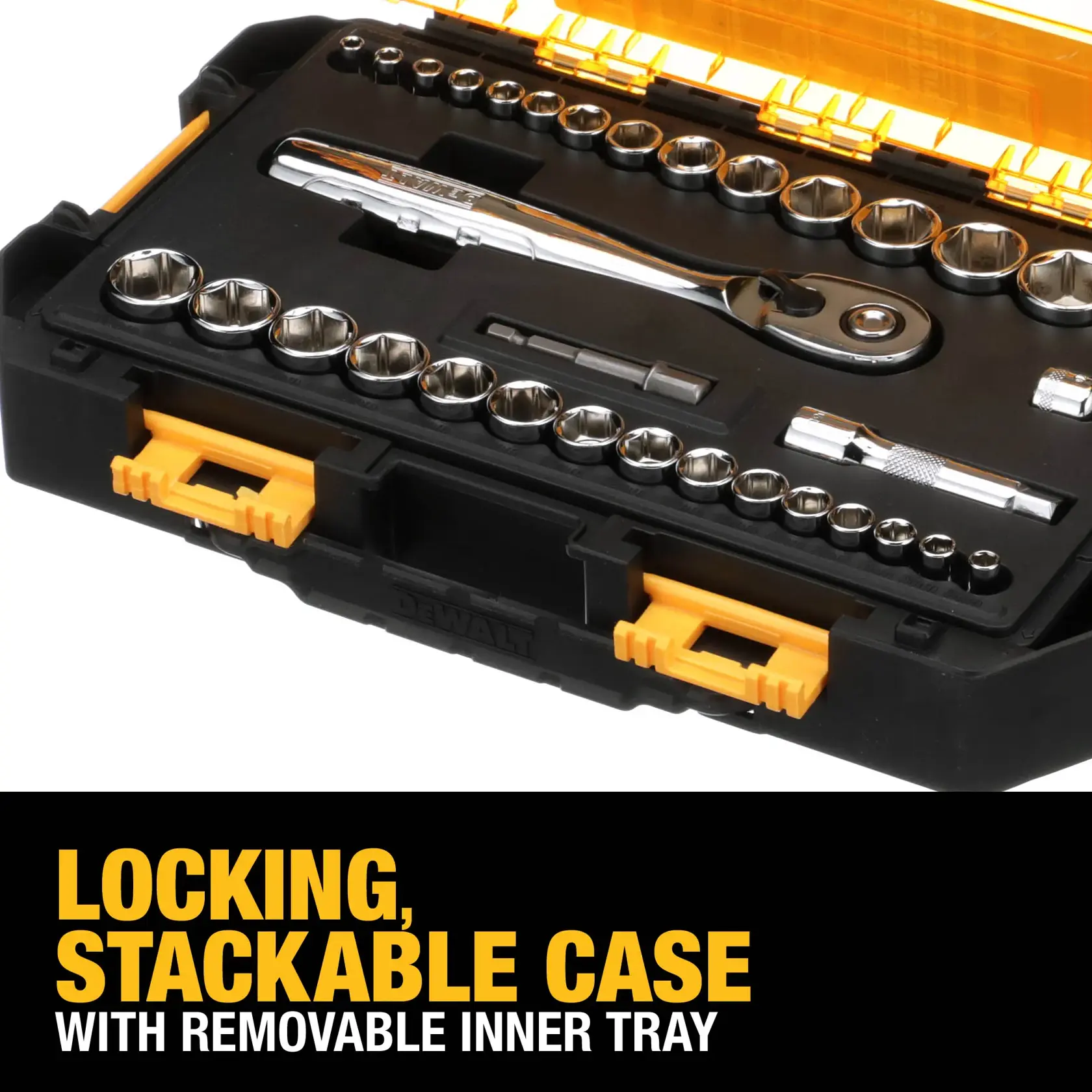 A DEWALT branded black and yellow locking, stackable case with a removable inner tray, containing a set of sockets, a ratchet wrench, and various metal tool accessories. The image emphasizes the locking and stackable features of the case.