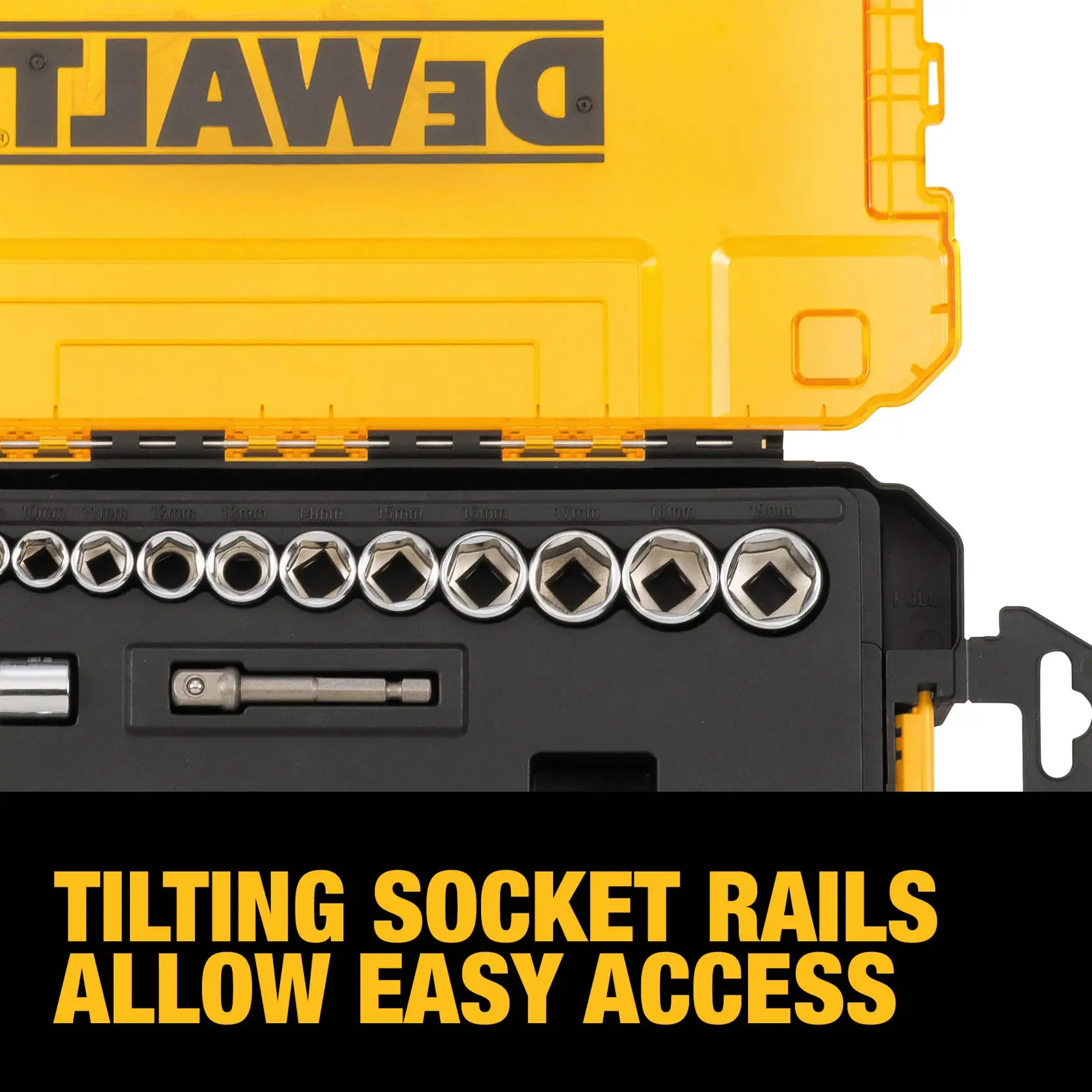 Close-up view of a DEWALT socket set case with the lid open, showing metal sockets organized on a tilting rail and a message that reads 'TILTING SOCKET RAILS ALLOW EASY ACCESS' in bold yellow letters on a black background.