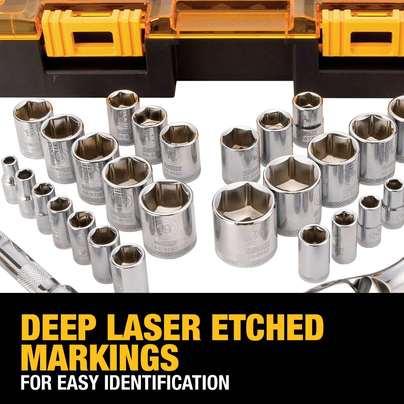 A DEWALT socket set with multiple chrome sockets in various sizes, displayed in front of an orange and black plastic case. The sockets feature deep laser etched markings for easy identification, as highlighted in the text at the bottom.