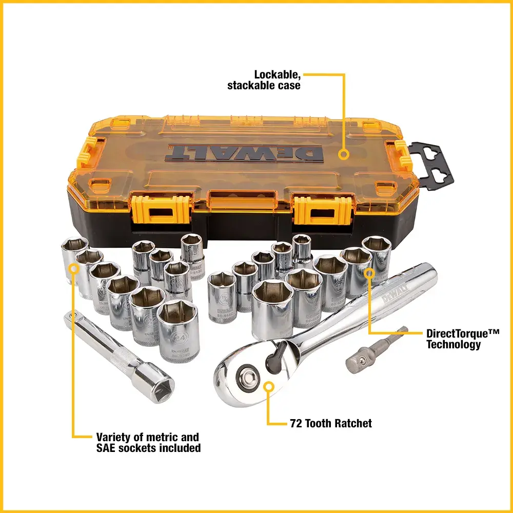 DEWALT DWMT73813 socket set featuring a lockable, stackable yellow and black case. The set includes a variety of metric and SAE sockets, a ratchet with 72 teeth, extension bars, and incorporates DirectTorque technology.
