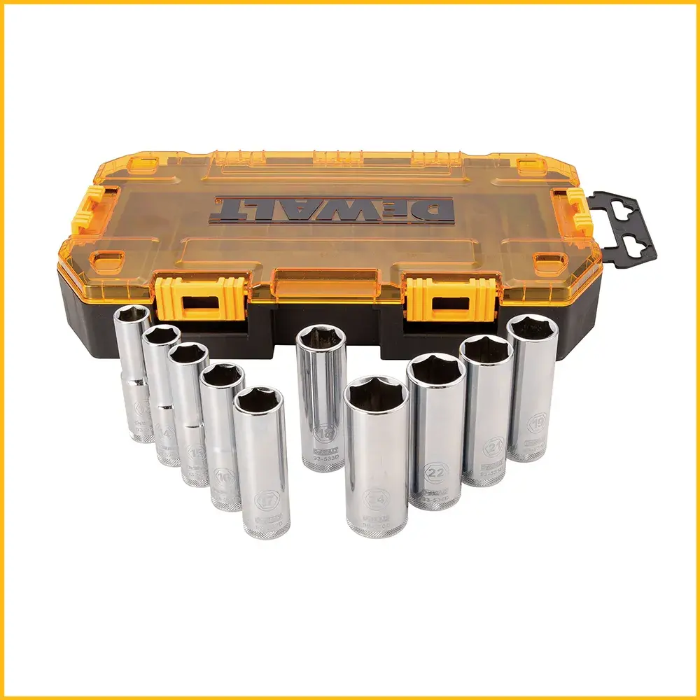 Set of DEWALT chrome socket wrenches arranged in front of a yellow and black plastic storage case.