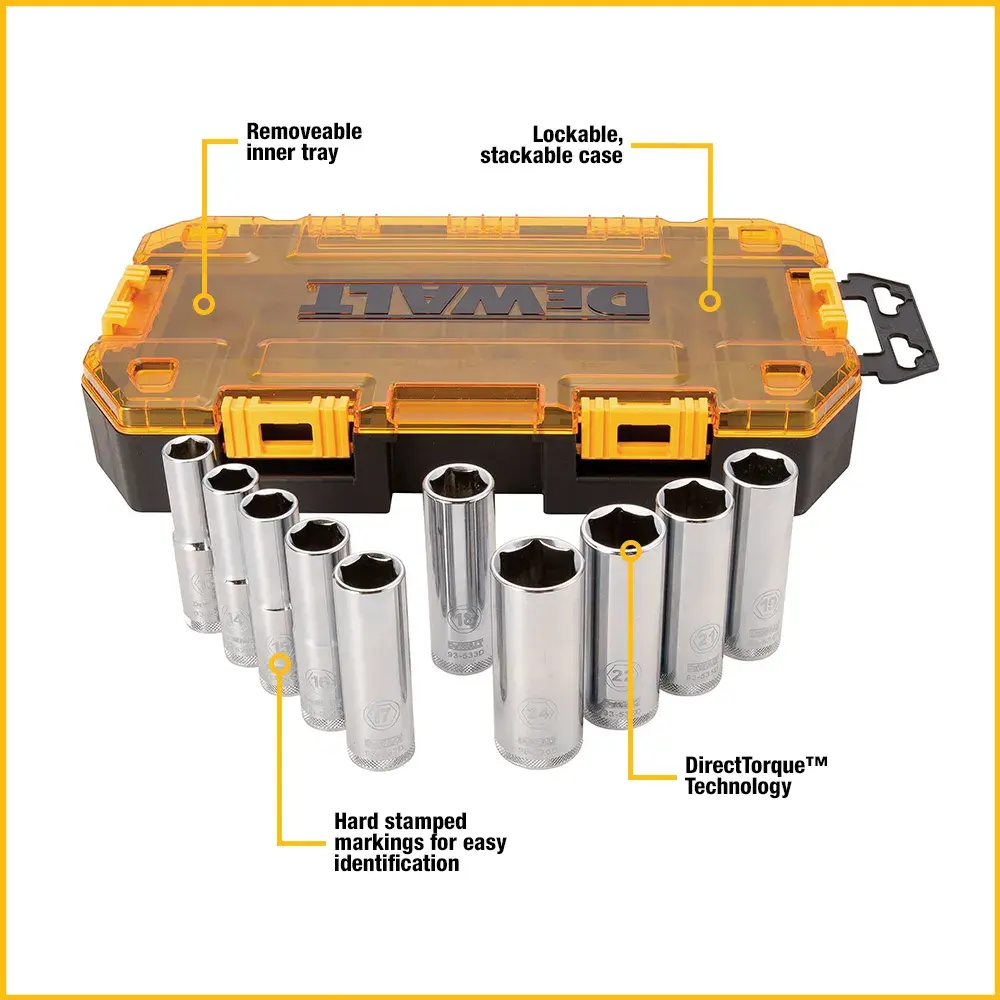 DEWALT socket set DWMT73815 shown with a yellow and black lockable, stackable case. The case includes a removable inner tray, and multiple metal sockets are displayed in front. The sockets feature hard-stamped markings for easy identification and DirectTorque technology.