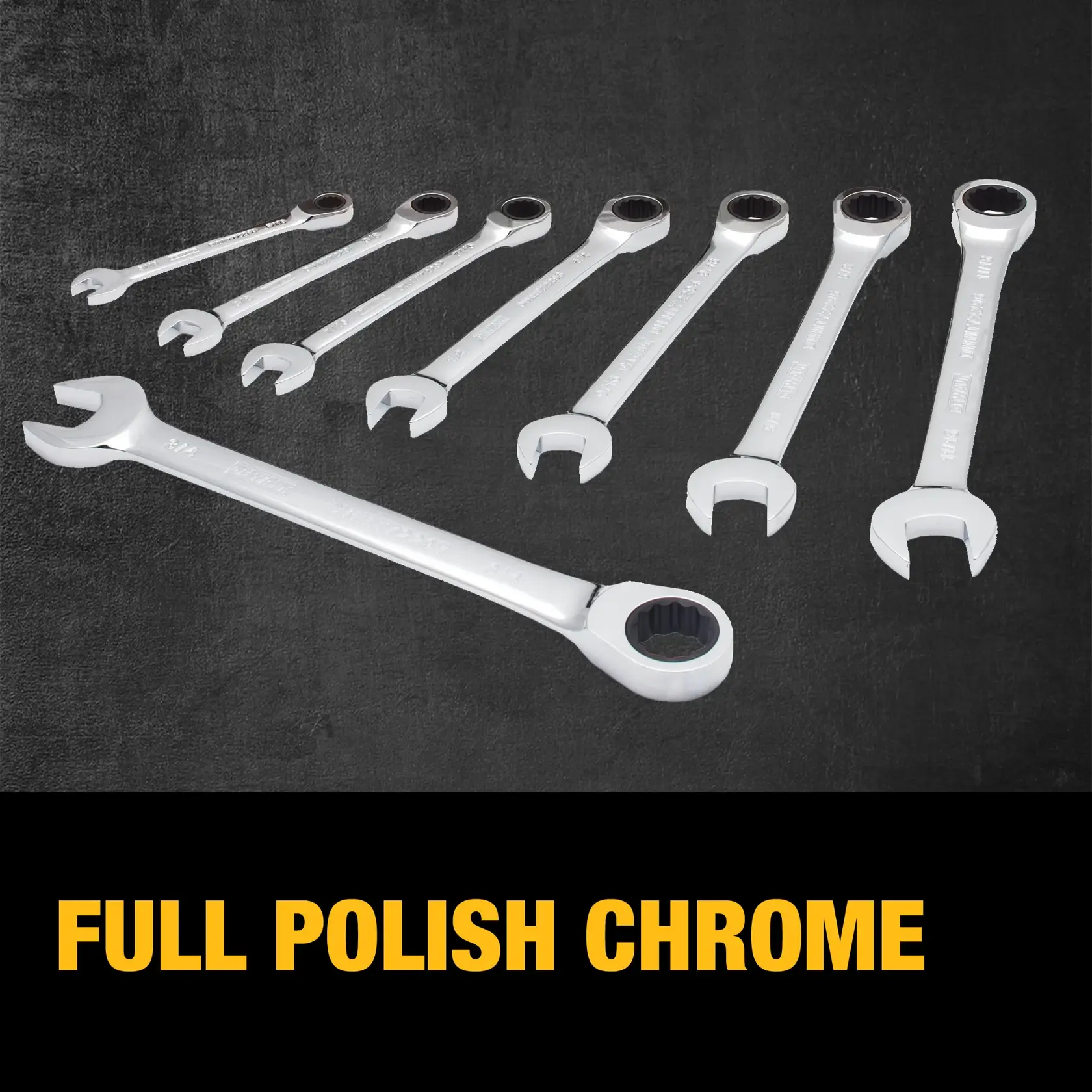 A set of seven DEWALT chrome polished ratcheting combination wrenches arranged by size, shown on a dark textured surface. The words 'FULL POLISH CHROME' appear in bold yellow text at the bottom.