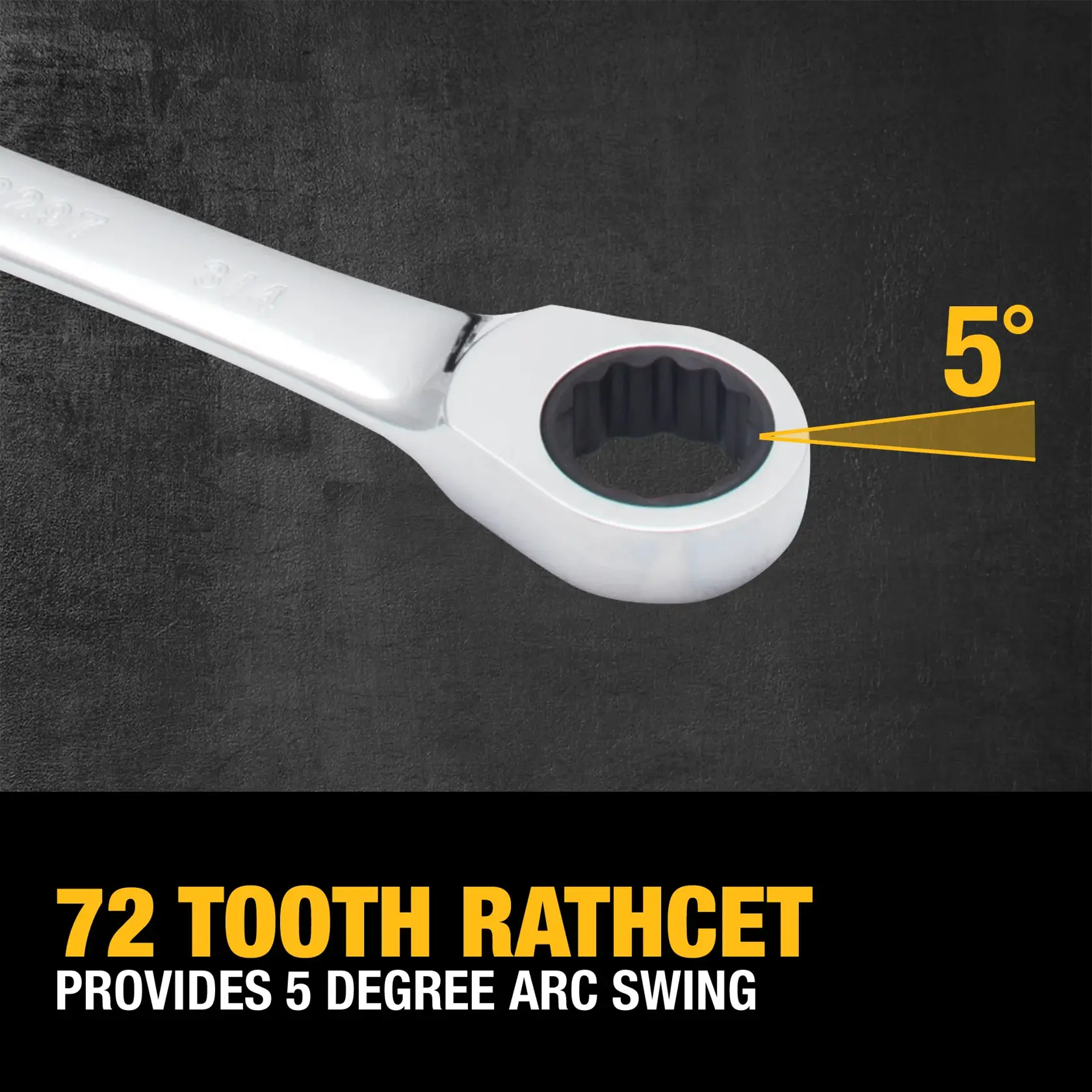 Close-up image of a DEWALT ratcheting wrench showing the head with a feature highlighting a 5-degree arc swing. The text underneath reads '72 Tooth Ratchet Provides 5 Degree Arc Swing' with a spelling error in the word 'Ratchet.'