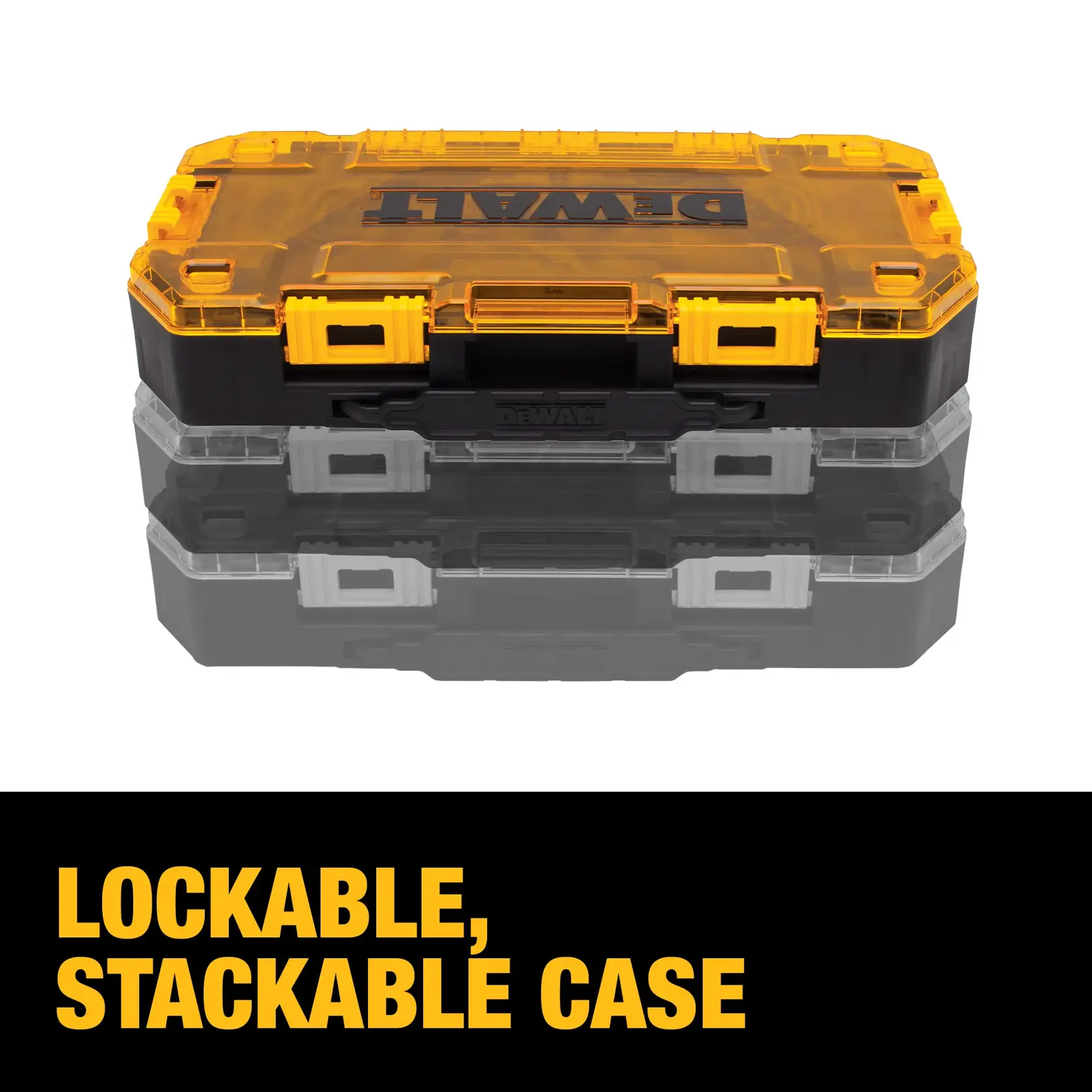 A DEWALT-branded lockable and stackable tool case with a transparent yellow lid and black base, shown with its reflection below. The text 'LOCKABLE, STACKABLE CASE' appears in bold yellow letters on a black background.