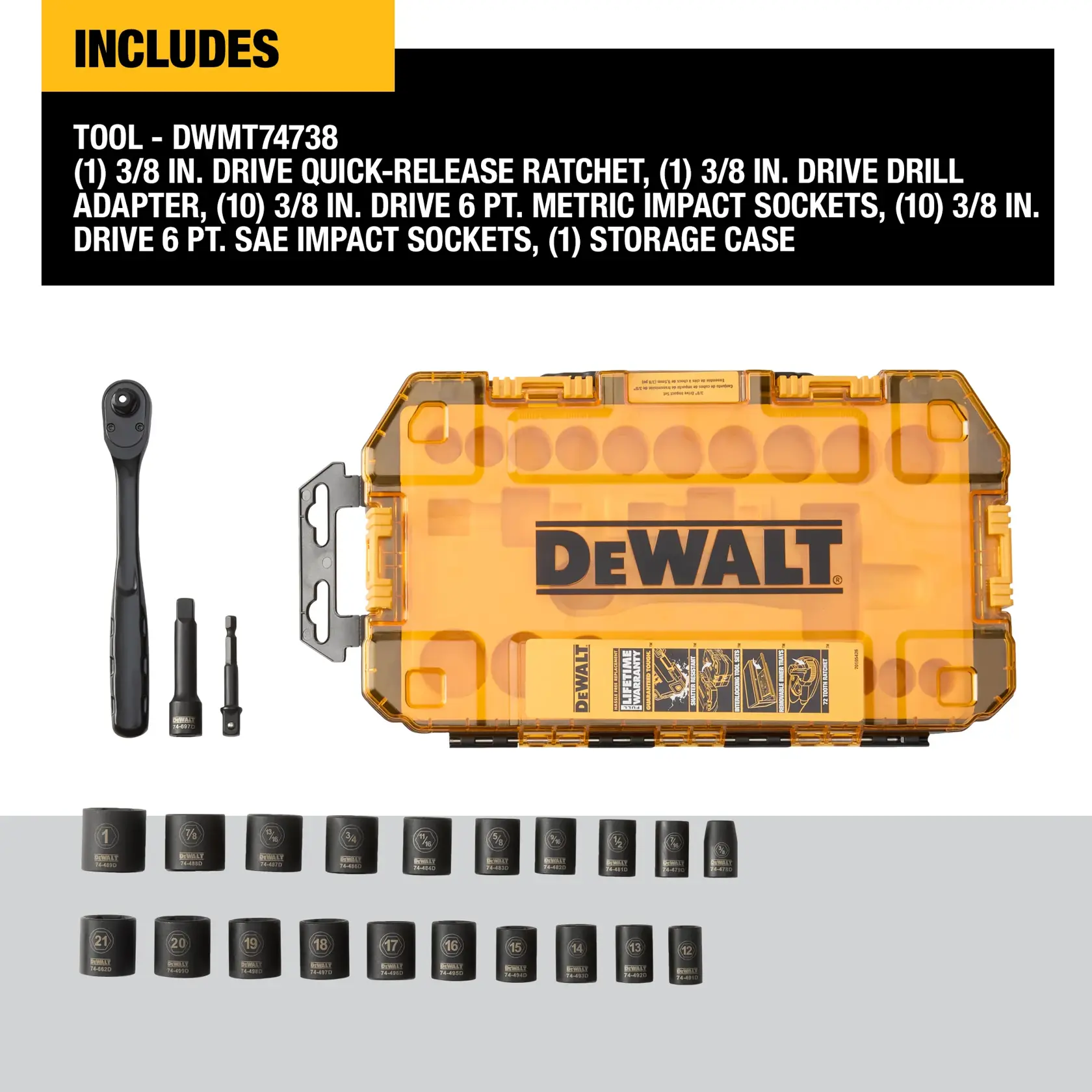 DEWALT DWMT74738 tool set including a 3/8 inch drive quick-release ratchet, 3/8 inch drive drill adapter, ten 3/8 inch drive 6-point metric impact sockets, ten 3/8 inch drive 6-point SAE impact sockets, and a yellow storage case, with all components displayed.
