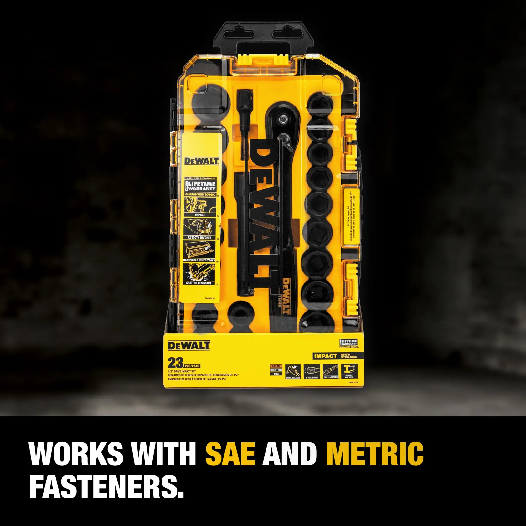 DEWALT 23-piece socket set in a yellow and black plastic case, suitable for use with SAE and metric fasteners. The packaging highlights lifetime warranty and impact compatibility.