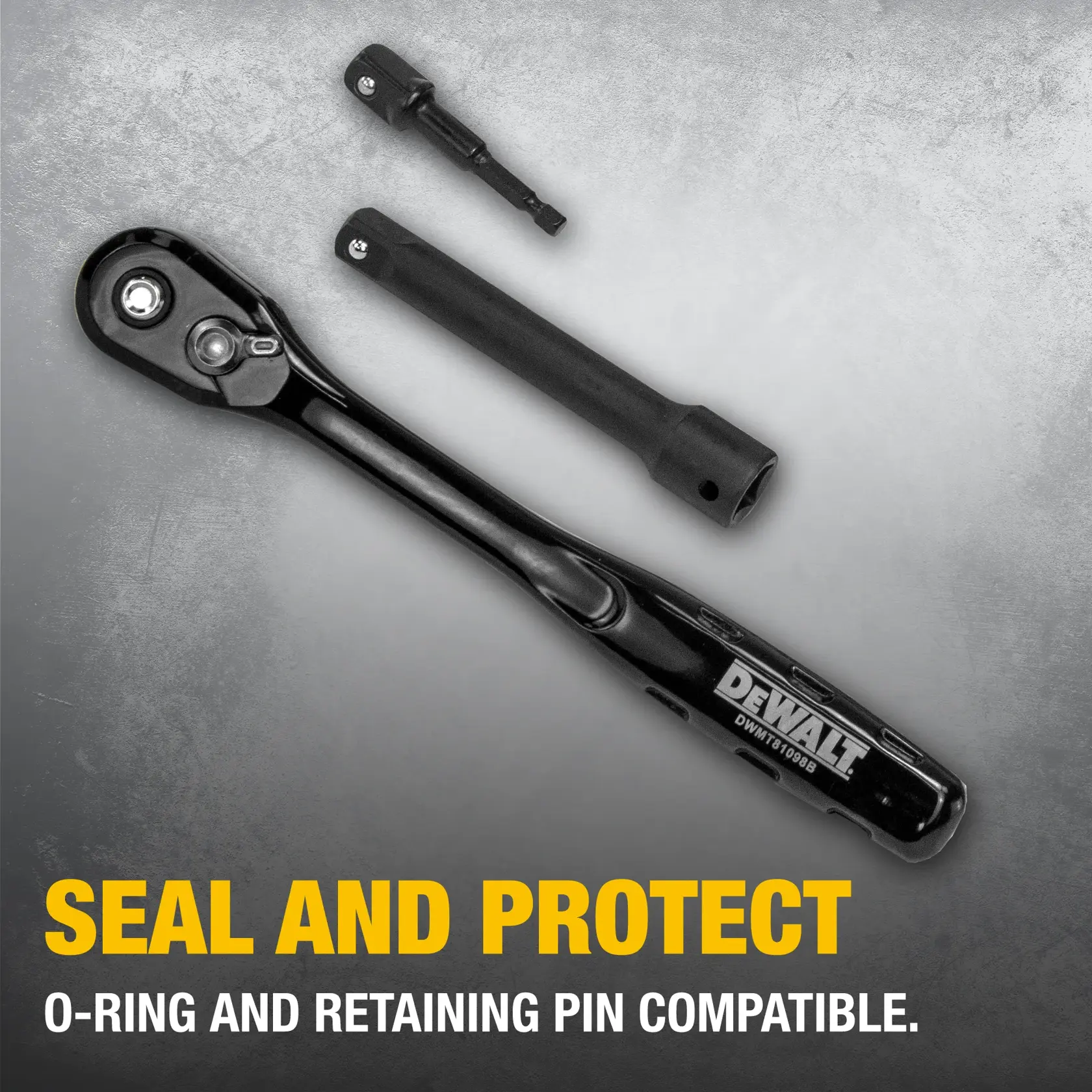 A DEWALT ratchet tool and two socket accessories displayed on a grey background, with the text 'Seal and Protect: O-ring and retaining pin compatible.' in bold yellow and white lettering.