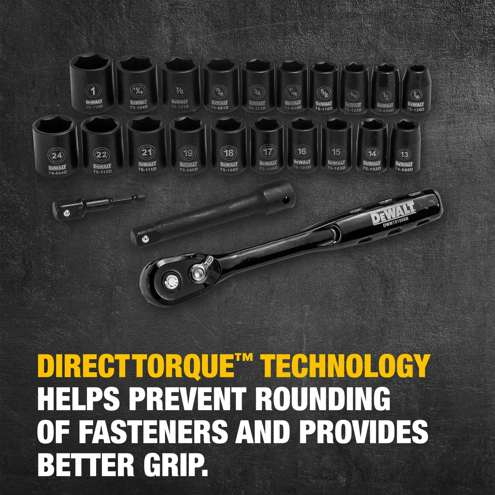 A DEWALT socket and ratchet set is displayed on a dark surface, featuring a variety of sockets and two extension bars. The image highlights DIRECTTORQUE technology, which helps prevent rounding of fasteners and provides better grip.