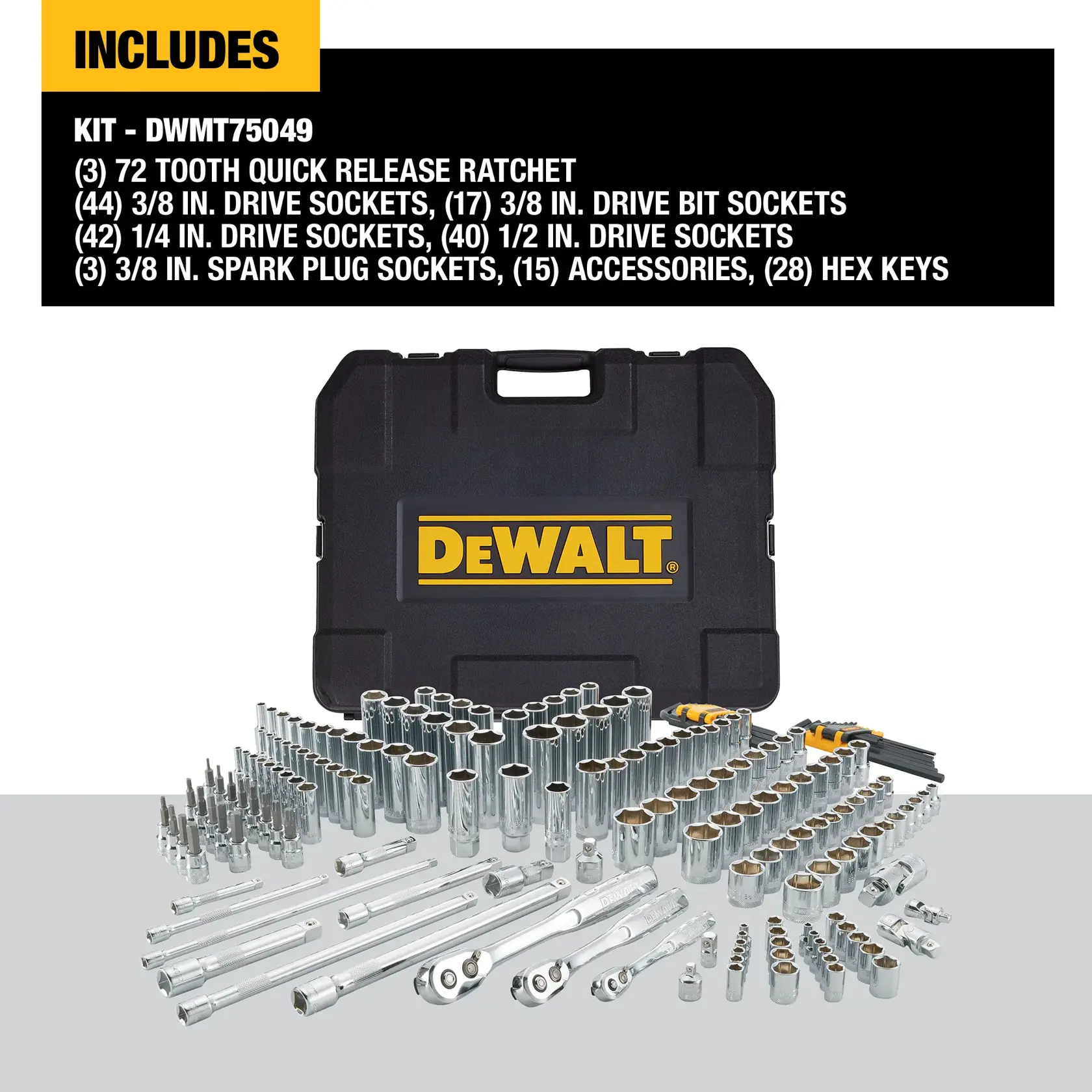The image shows a DEWALT branded tool kit (SKU: DWMT75049) that includes a variety of sockets, ratchets, drive bit sockets, spark plug sockets, accessories, and hex keys. The tools are arranged in front of a black DEWALT carrying case, with the contents listed above the kit.