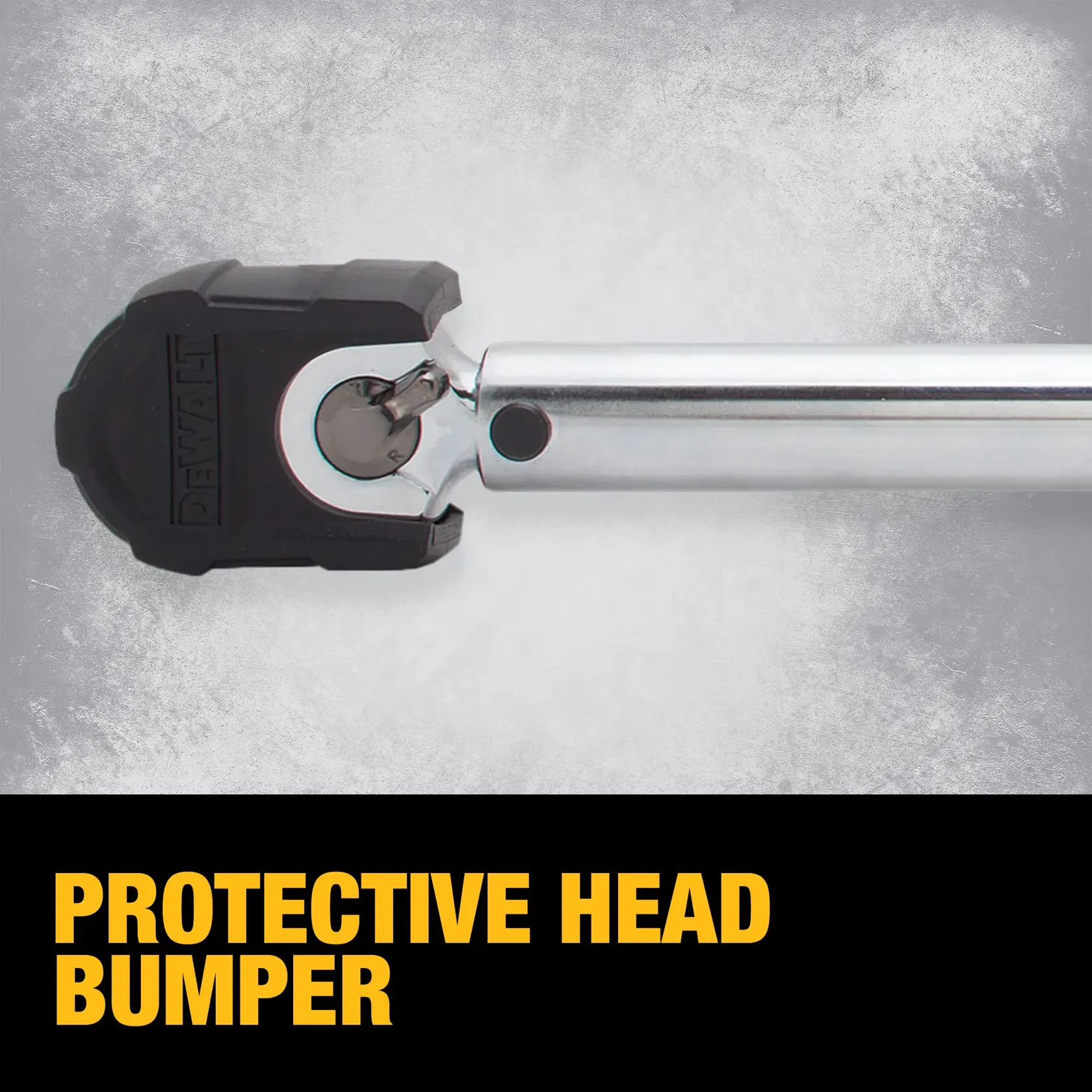 Close-up of a DEWALT tool with a protective head bumper, shown against a grey textured background. Text at the bottom reads 'Protective Head Bumper' in bold yellow letters.