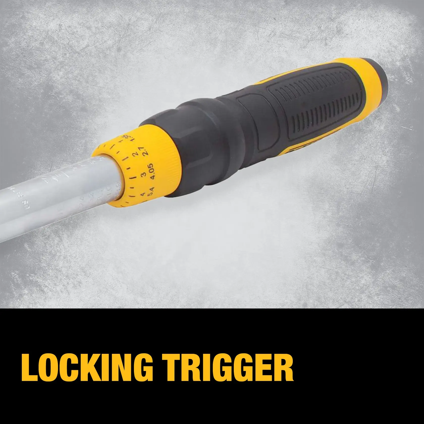 Close-up image of a DEWALT tool handle with a locking trigger mechanism and adjustable dial. The handle is black and yellow, and the text 'LOCKING TRIGGER' appears at the bottom.