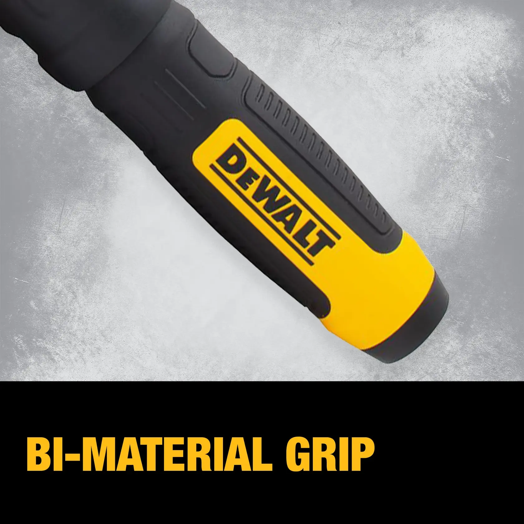 Close-up image of a DEWALT tool handle with a bi-material grip design in black and yellow. The text 'BI-MATERIAL GRIP' appears below the handle.
