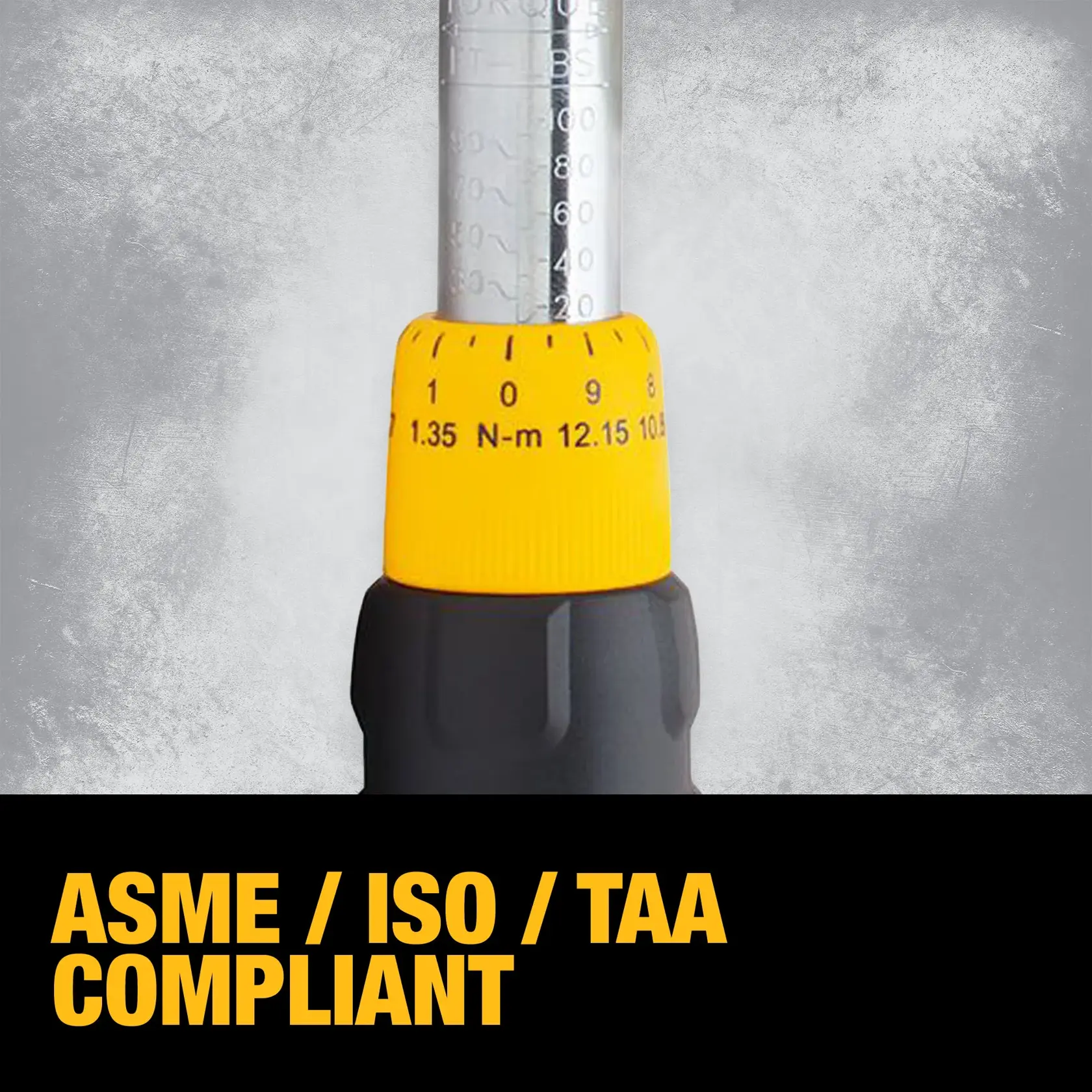 Close-up image of a DEWALT torque wrench with a yellow adjustment dial showing Nm measurements, and text below stating 'ASME / ISO / TAA COMPLIANT' in bold yellow letters on a black background.
