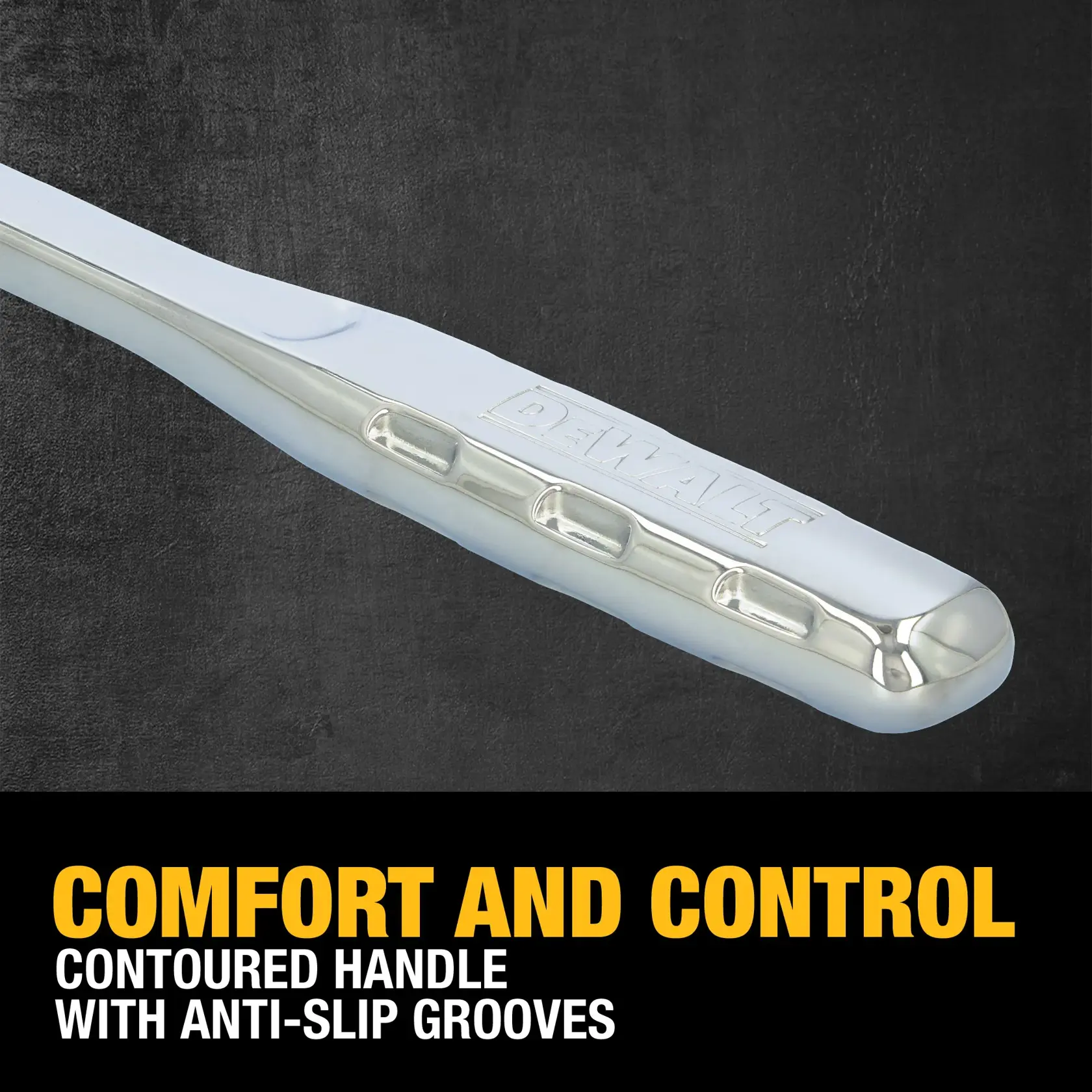 Close-up view of a DEWALT tool handle with contoured shape and anti-slip grooves. The words 'COMFORT AND CONTROL', 'CONTOURED HANDLE WITH ANTI-SLIP GROOVES' are displayed in bold yellow and white text at the bottom.