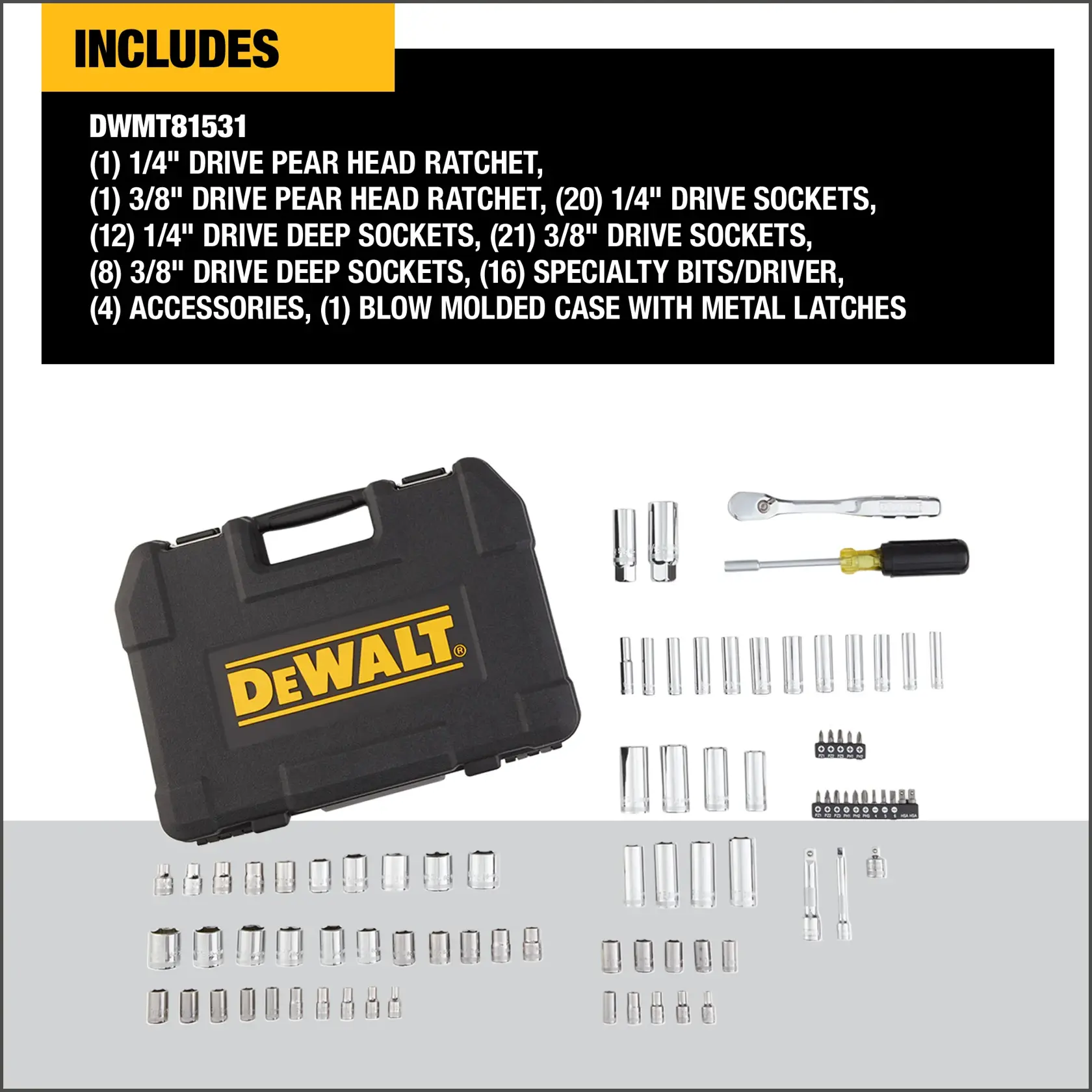DEWALT DWMT81531 toolkit including a black blow molded case with the DEWALT logo, two ratchets, a screwdriver, specialty bits, and a variety of drive sockets and accessories arranged in front of the case.